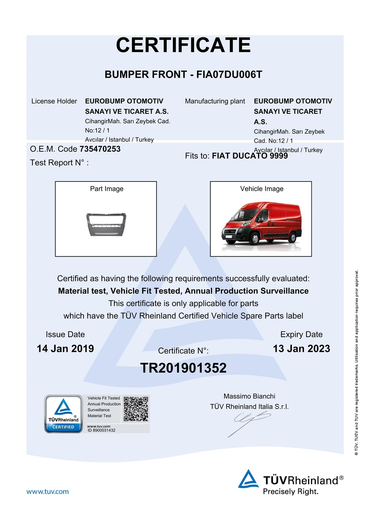 YEDEK PARÇAFIAT DUCATO ÖN TAMPON ORTA PARÇA SİYAH 07-13 / TÜV ORJİNAL REF. NO: 735470253 UYUMLU FIA07DU006TDEGAFIA07DU006T