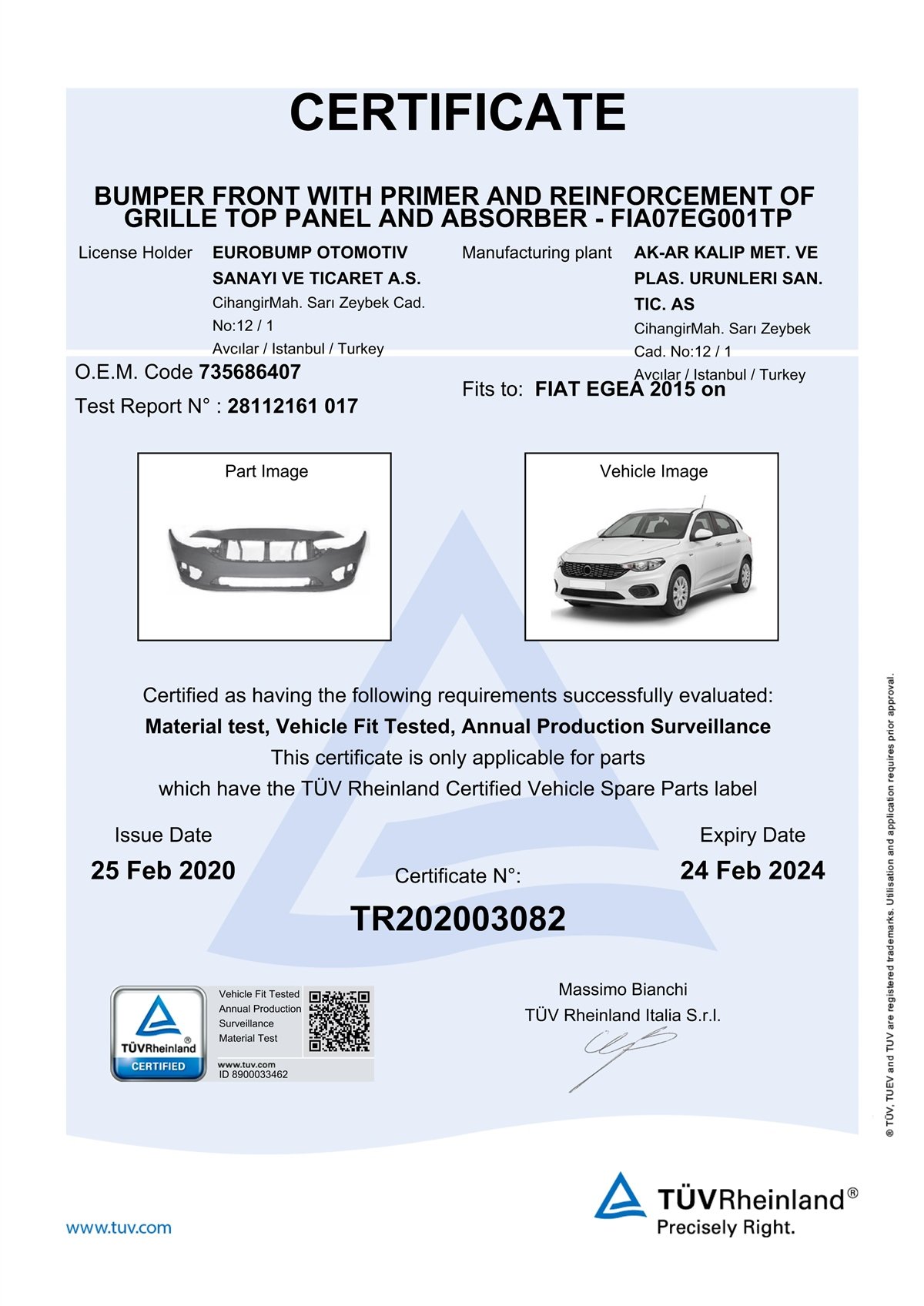 YEDEK PARÇAFIAT EGEA ÖN TAMPON TAKVİYELİ SEDAN ASTARLI 15- / TÜV ORJİNAL REF. NO: 735686407 UYUMLU FIA07EG001TPDEGAFIA07EG001TP