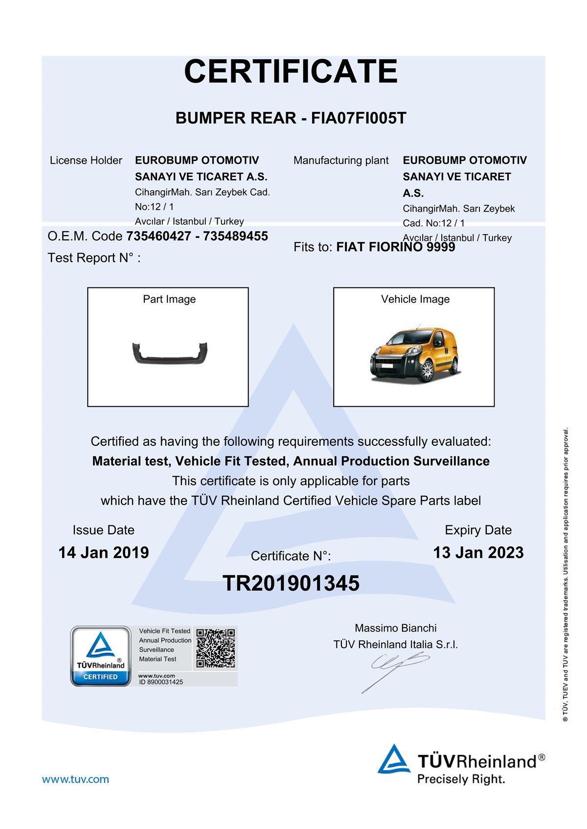 YEDEK PARÇAFIAT FİORİNO ARKA TAMPON ÇİFT KAPI 07- / TÜV ORJİNAL REF. NO: 735666169 UYUMLU FIA07FI005TDEGAFIA07FI005T