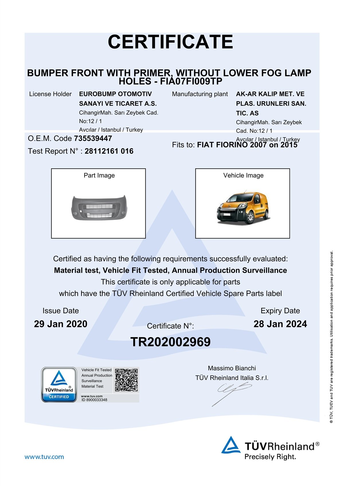 YEDEK PARÇAFIAT FİORİNO ÖN TAMPON ALTTAN SİSSİZ ASTARLI 07-15 / TÜV ORJİNAL REF. NO: 735539447 UYUMLU FIA07FI009TPDEGAFIA07FI009TP