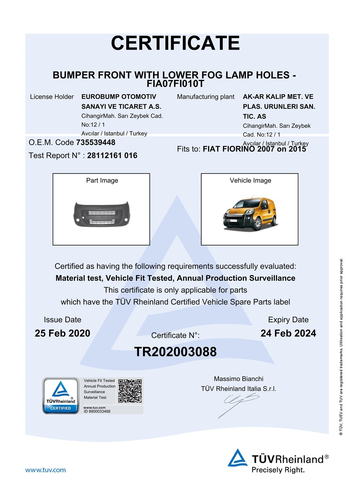 YEDEK PARÇAFIAT FİORİNO ÖN TAMPON ALTTAN SİSLİ 07-15 / TÜV ORJİNAL REF. NO: 735539448 UYUMLU FIA07FI010TDEGAFIA07FI010T