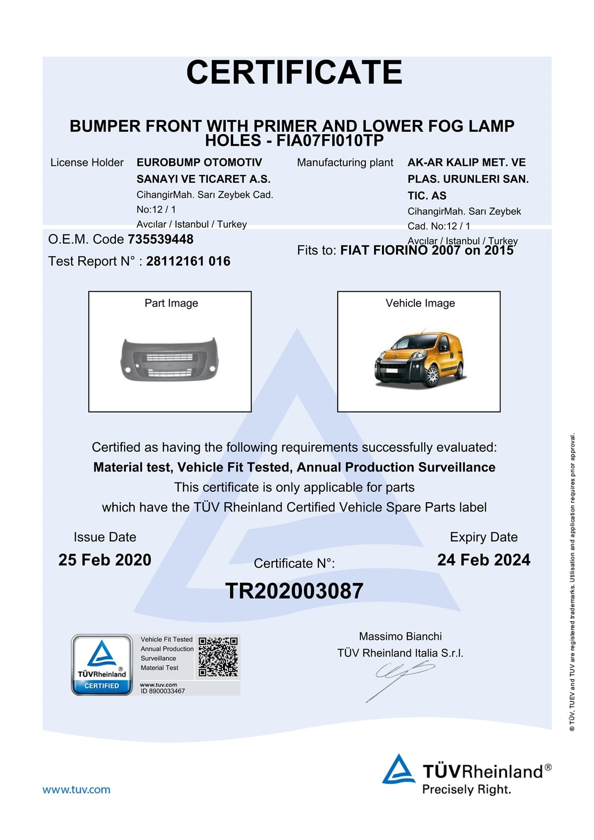 YEDEK PARÇAFIAT FİORİNO ÖN TAMPON ALTTAN SİSLİ ASTARLI 07-15 / TÜV ORJİNAL REF. NO: 735539448 UYUMLU FIA07FI010TPDEGAFIA07FI010TP