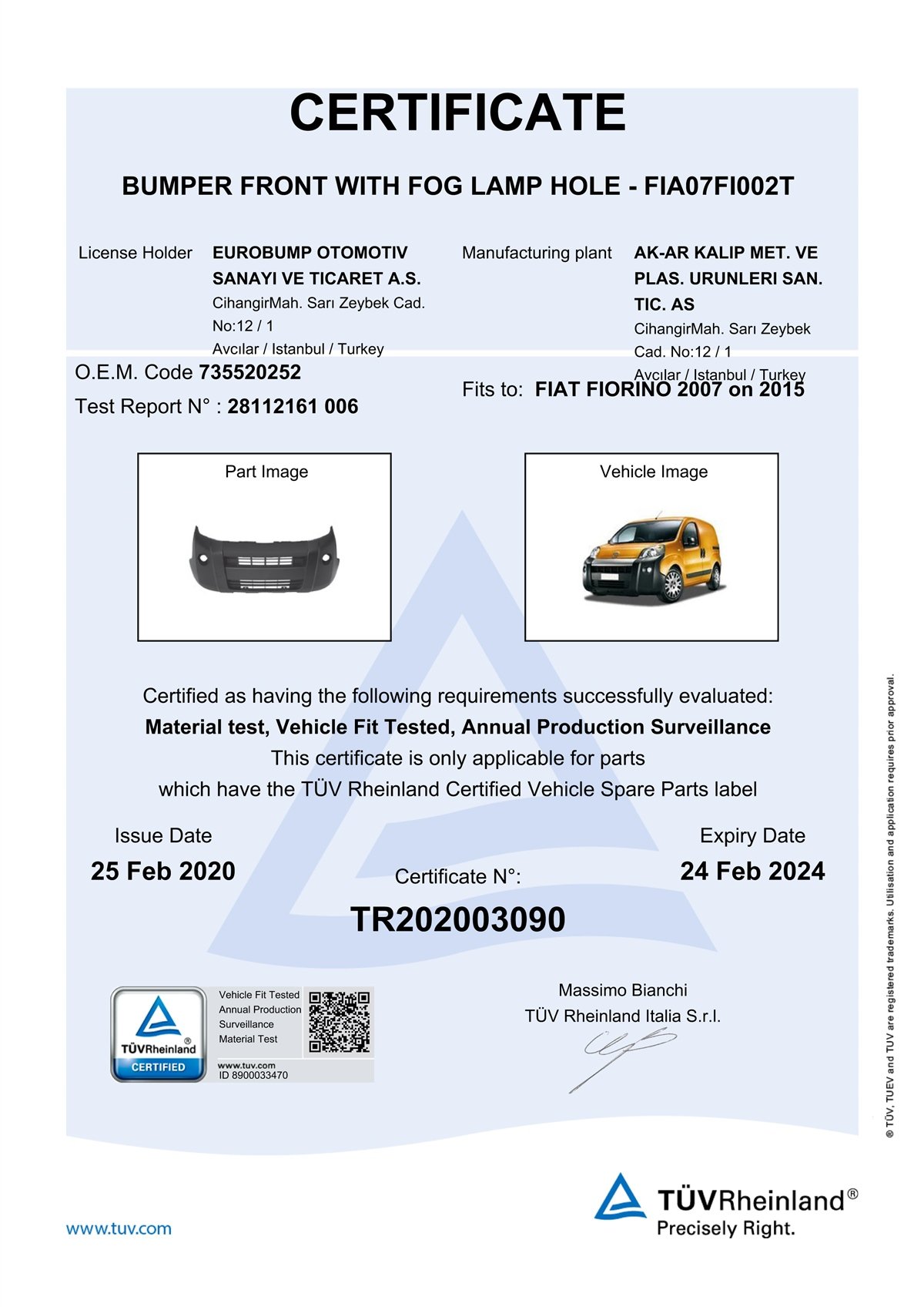 YEDEK PARÇAFIAT FİORİNO ÖN TAMPON ÜSTTEN SİSLİ 07-15 / TÜV ORJİNAL REF. NO: 735520252 UYUMLU FIA07FI002TDEGAFIA07FI002T