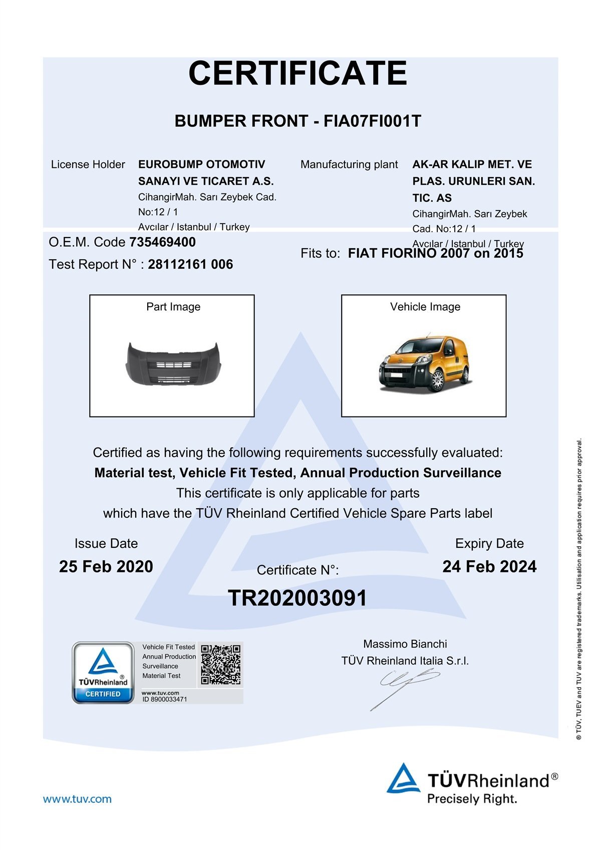 YEDEK PARÇAFIAT FİORİNO ÖN TAMPON ÜSTTEN SİSSİZ 07-15 / TÜV ORJİNAL REF. NO: 735469400 UYUMLU FIA07FI001TDEGAFIA07FI001T
