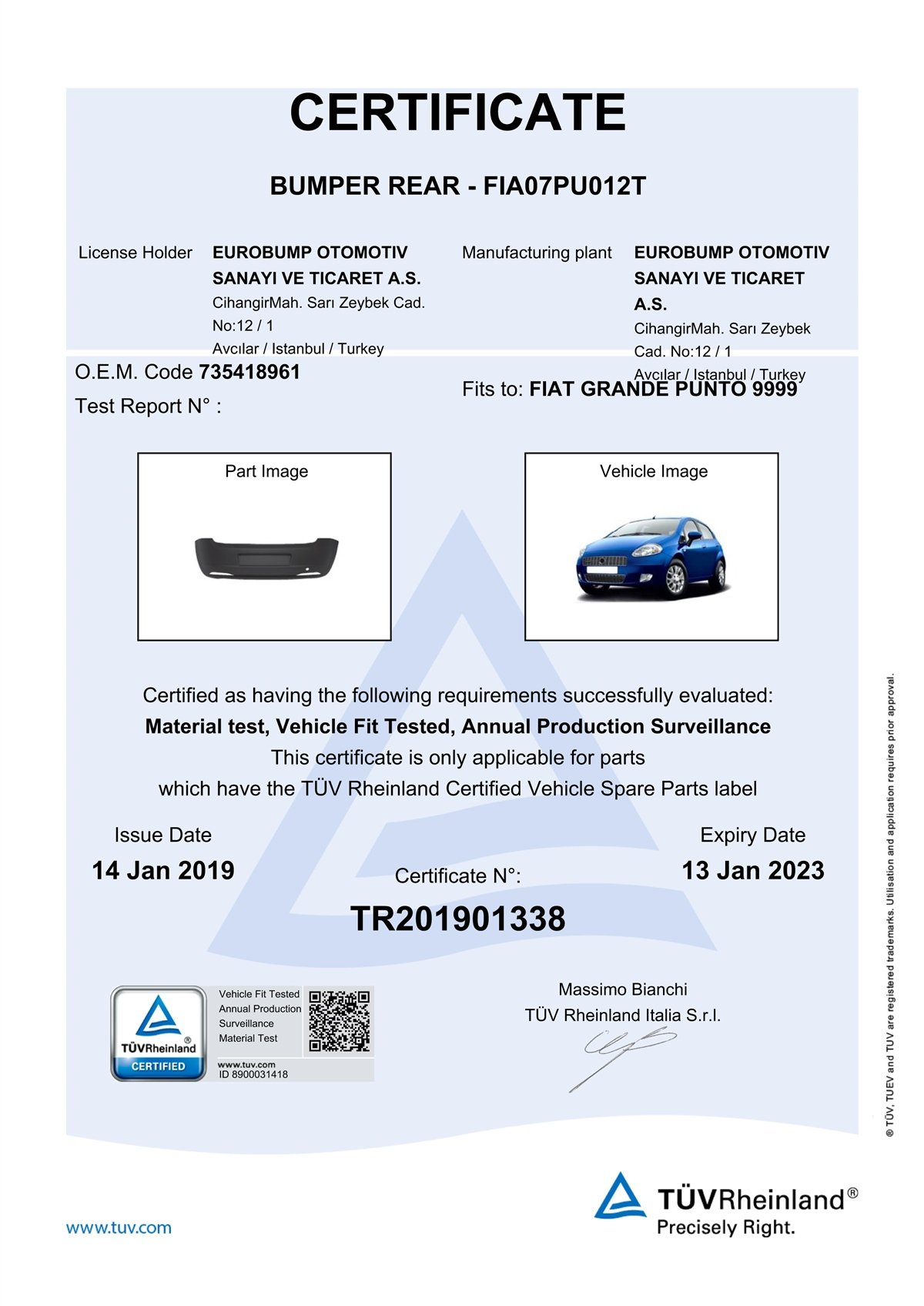 YEDEK PARÇAFIAT GRANDE PUNTO ARKA TAMPON 06-09 / TÜV ORJİNAL REF. NO: 71777606 UYUMLU FIA07PU012TDEGAFIA07PU012T