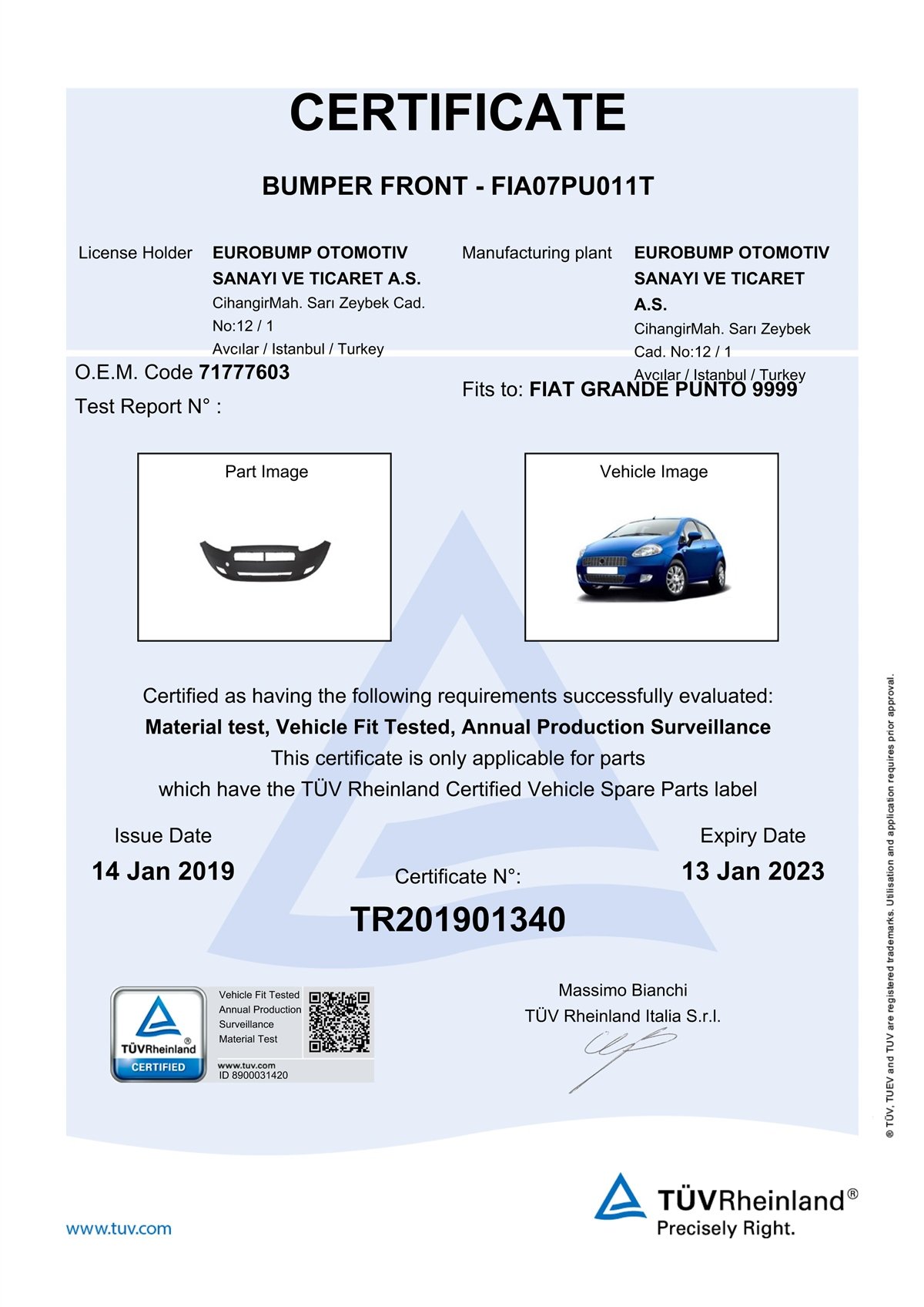YEDEK PARÇAFIAT GRANDE PUNTO ÖN TAMPON 06-09 / TÜV ORJİNAL REF. NO: 71777603 UYUMLU FIA07PU011TDEGAFIA07PU011T