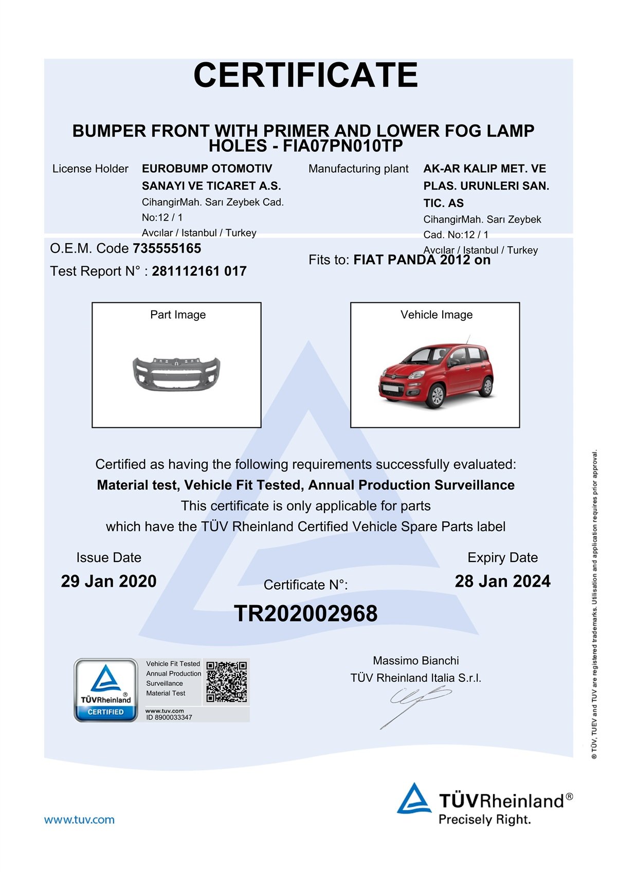 YEDEK PARÇAFIAT PANDA ÖN TAMPON DELİKLİ ASTARLI 12- / TÜV ORJİNAL REF. NO: 735555165 UYUMLU FIA07PN010TPDEGAFIA07PN010TP