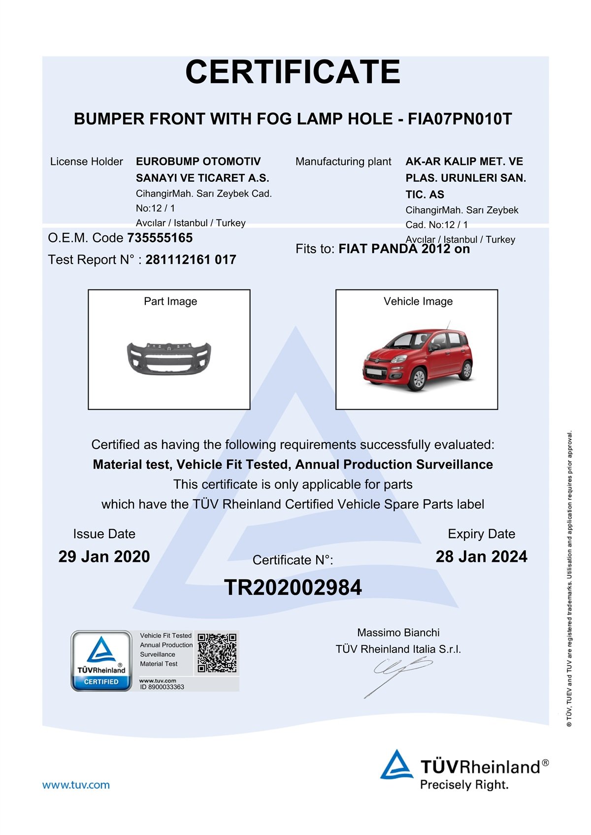 YEDEK PARÇAFIAT PANDA ÖN TAMPON DELİKLİ 12- / TÜV ORJİNAL REF. NO: 735555165 UYUMLU FIA07PN010TDEGAFIA07PN010T