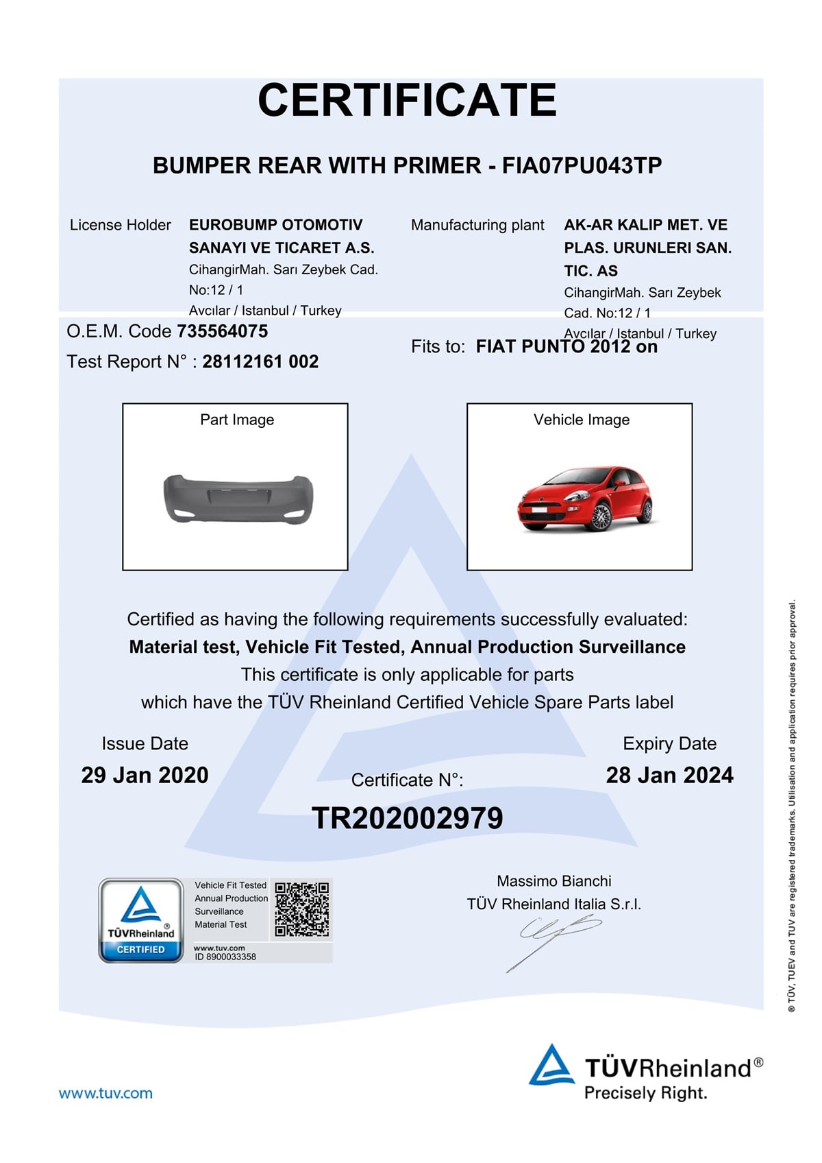 YEDEK PARÇAFIAT PUNTO ARKA TAMPON ASTARLI 12- / TÜV ORJİNAL REF. NO: 6000631445 UYUMLU FIA07PU043TPDEGAFIA07PU043TP