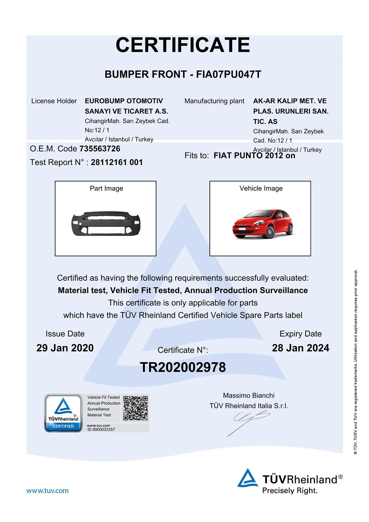 YEDEK PARÇAFIAT PUNTO ÖN TAMPON 12- / TÜV ORJİNAL REF. NO: 6000631444 UYUMLU FIA07PU047TDEGAFIA07PU047T