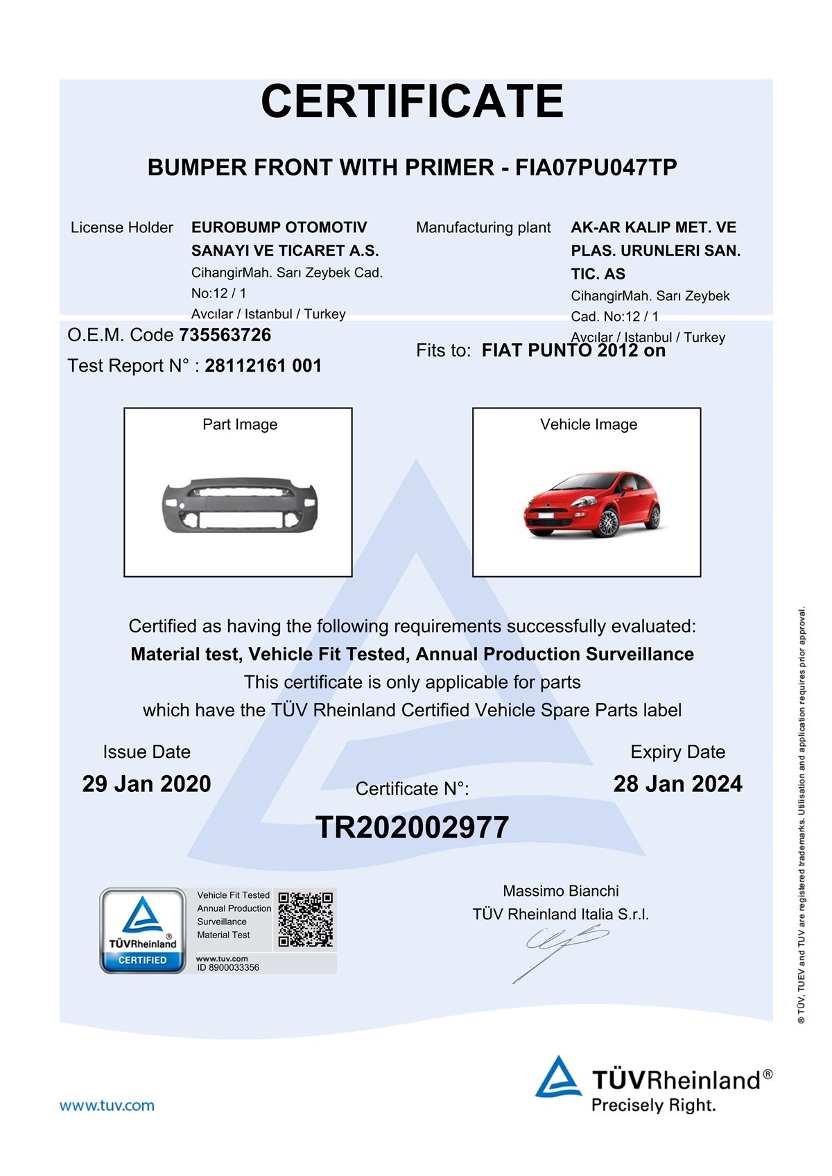 YEDEK PARÇAFIAT PUNTO ÖN TAMPON ASTARLI 12- / TÜV ORJİNAL REF. NO: 6000631444 UYUMLU FIA07PU047TPDEGAFIA07PU047TP