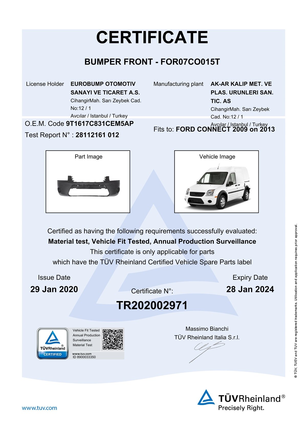 YEDEK PARÇAFORD CONNECT ÖN TAMPON 09-13 / TÜV ORJİNAL REF. NO: 9T1617C831CEM5AP UYUMLU FOR07CO015TDEGAFOR07CO015T