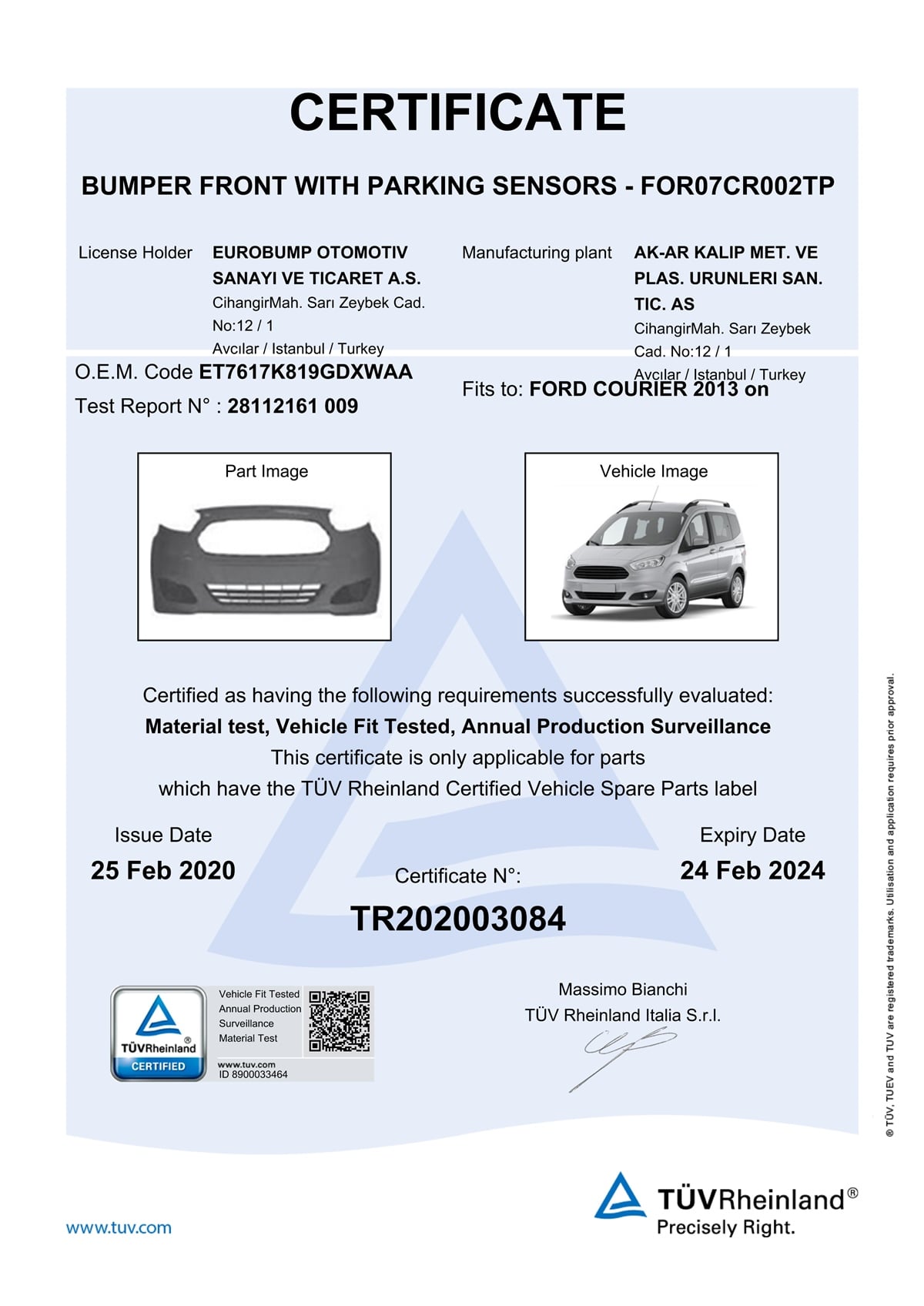YEDEK PARÇAFORD COURIER ÖN TAMPON ASTARLI 13- / TÜV ORJİNAL REF. NO: ET7617K819JGXWAA UYUMLU FOR07CR002TPDEGAFOR07CR002TP