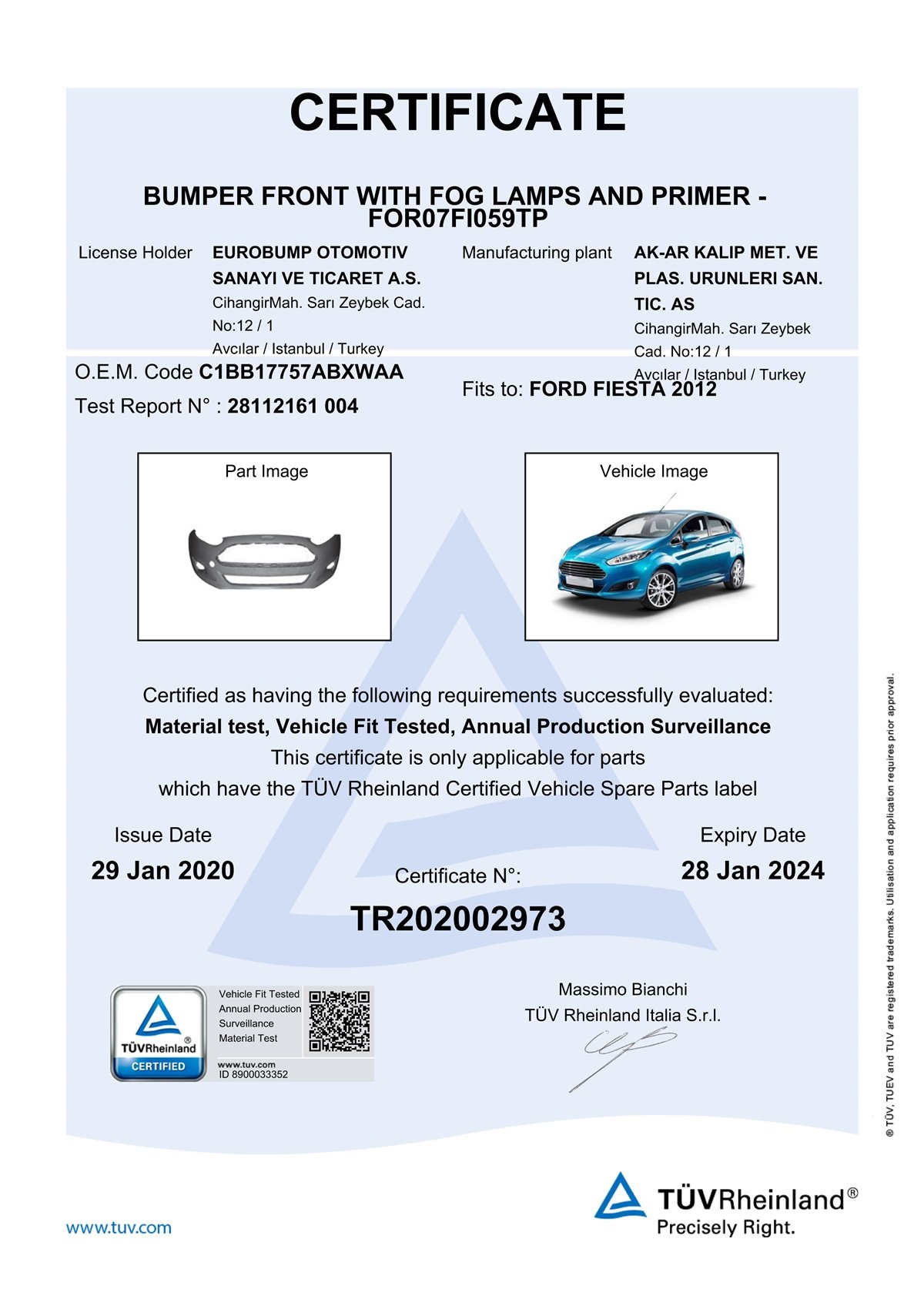 YEDEK PARÇAFORD FIESTA ÖN TAMPON DELİKLİ ASTARLI 12- / TÜV ORJİNAL REF. NO: C1BB17757ABXWAA UYUMLU FOR07FI059TPDEGAFOR07FI059TP