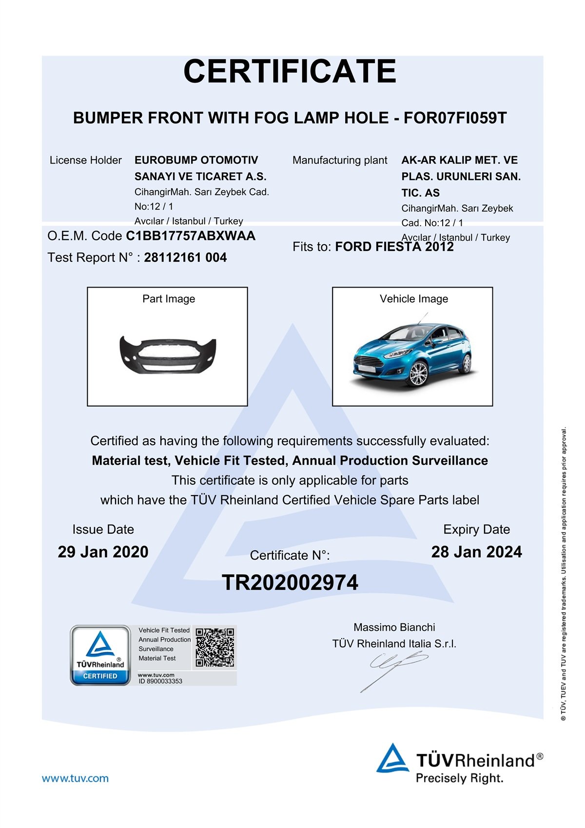 YEDEK PARÇAFORD FIESTA ÖN TAMPON DELİKLİ 12- / TÜV ORJİNAL REF. NO: C1BB17757ABXWAA UYUMLU FOR07FI059TDEGAFOR07FI059T