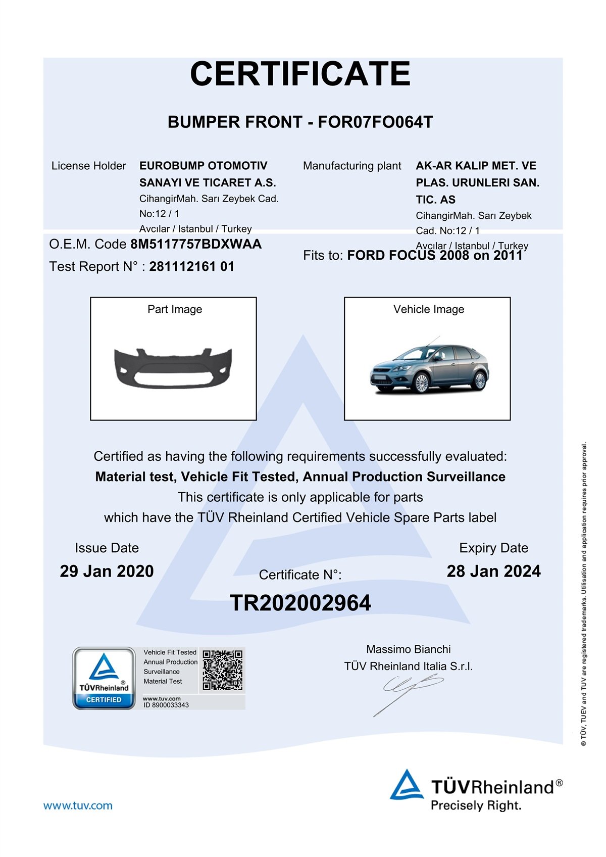 YEDEK PARÇAFORD FOCUS ÖN TAMPON 08- / TÜV ORJİNAL REF. NO: 8M5117757BDXWAA UYUMLU FOR07FO064TDEGAFOR07FO064T