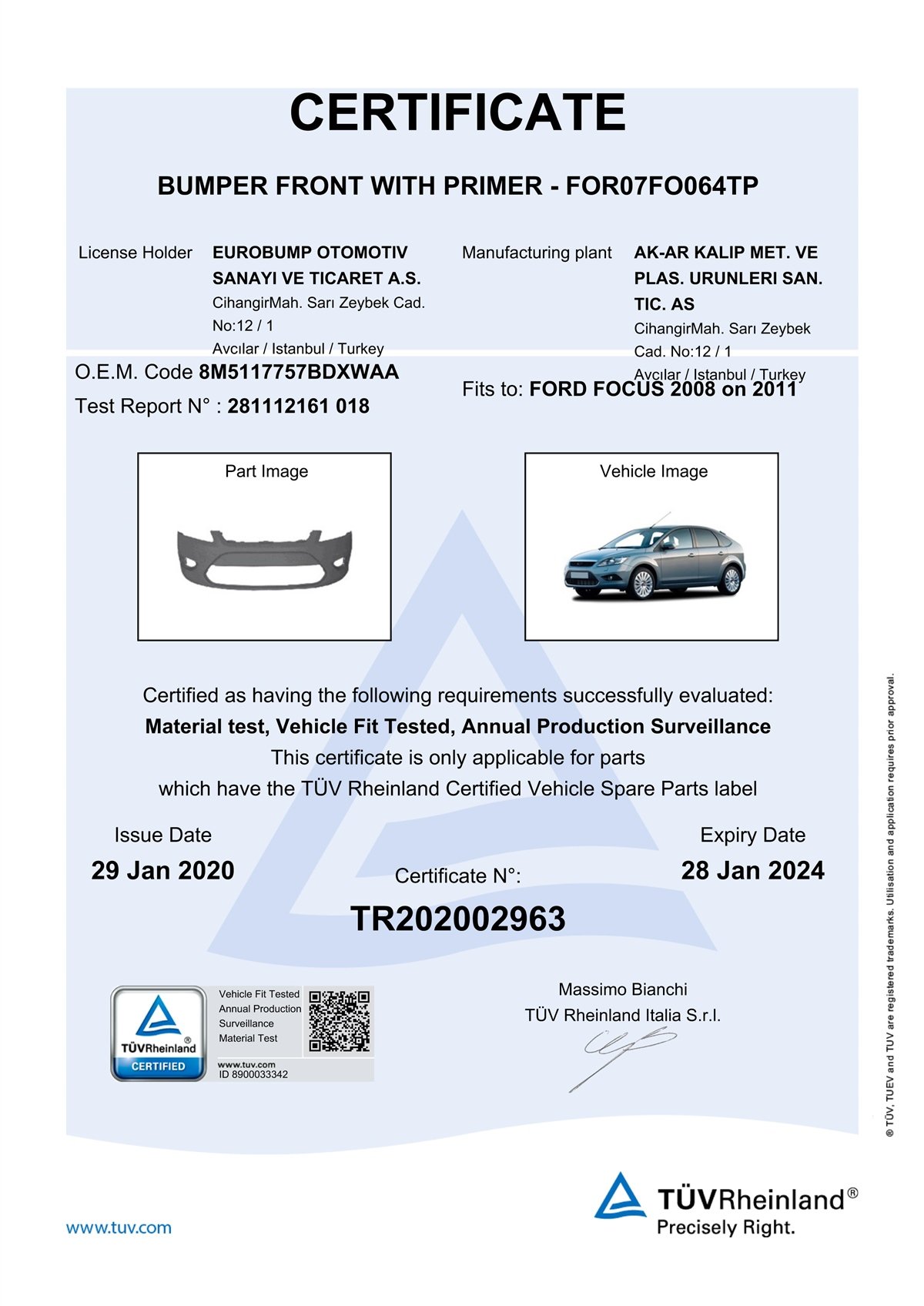 YEDEK PARÇAFORD FOCUS ÖN TAMPON ASTARLI 08- / TÜV ORJİNAL REF. NO: 8M5117757BDXWAA UYUMLU FOR07FO064TPDEGAFOR07FO064TP