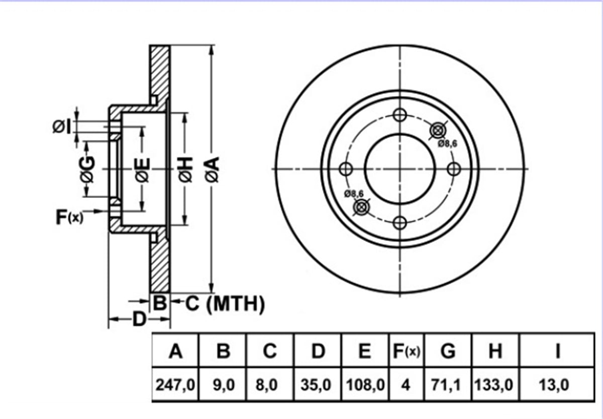 YEDEK PARÇAFREN DISK ARKA DUZ 247-4  PEUGEOT  307 1.4 / 1.4 HDI 1.6 / 1.6 HDI / PEUGEOT  PARTNER 1.6 HDI / CITROEN  C4 1.6 HDI 2004>2009 4246W9 -MGA-50126MGAMGA-50126