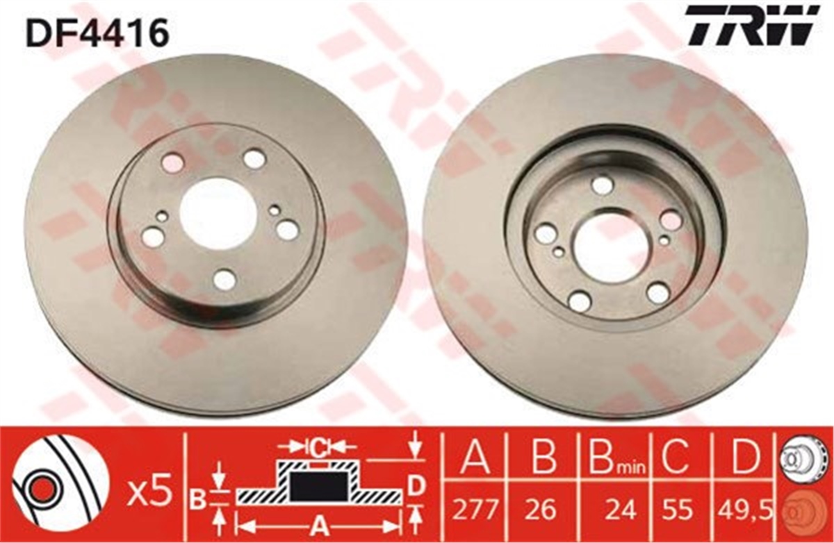 YEDEK PARÇAFREN DİSKİ ÖN . 43512-05040 JAPON AVENSIS (T25) 03-08 1.6:1.8 TRW TRW DF4416TRWTRW DF4416