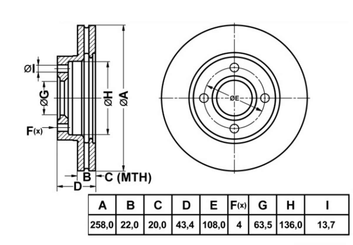 YEDEK PARÇAFREN DİSKİ ÖN 258MM FORD  FOCUS 98-02 - FİESTA 02-   MAZDA 2 03-  98AX 1125 B1F -MGA-50137MGAMGA-50137