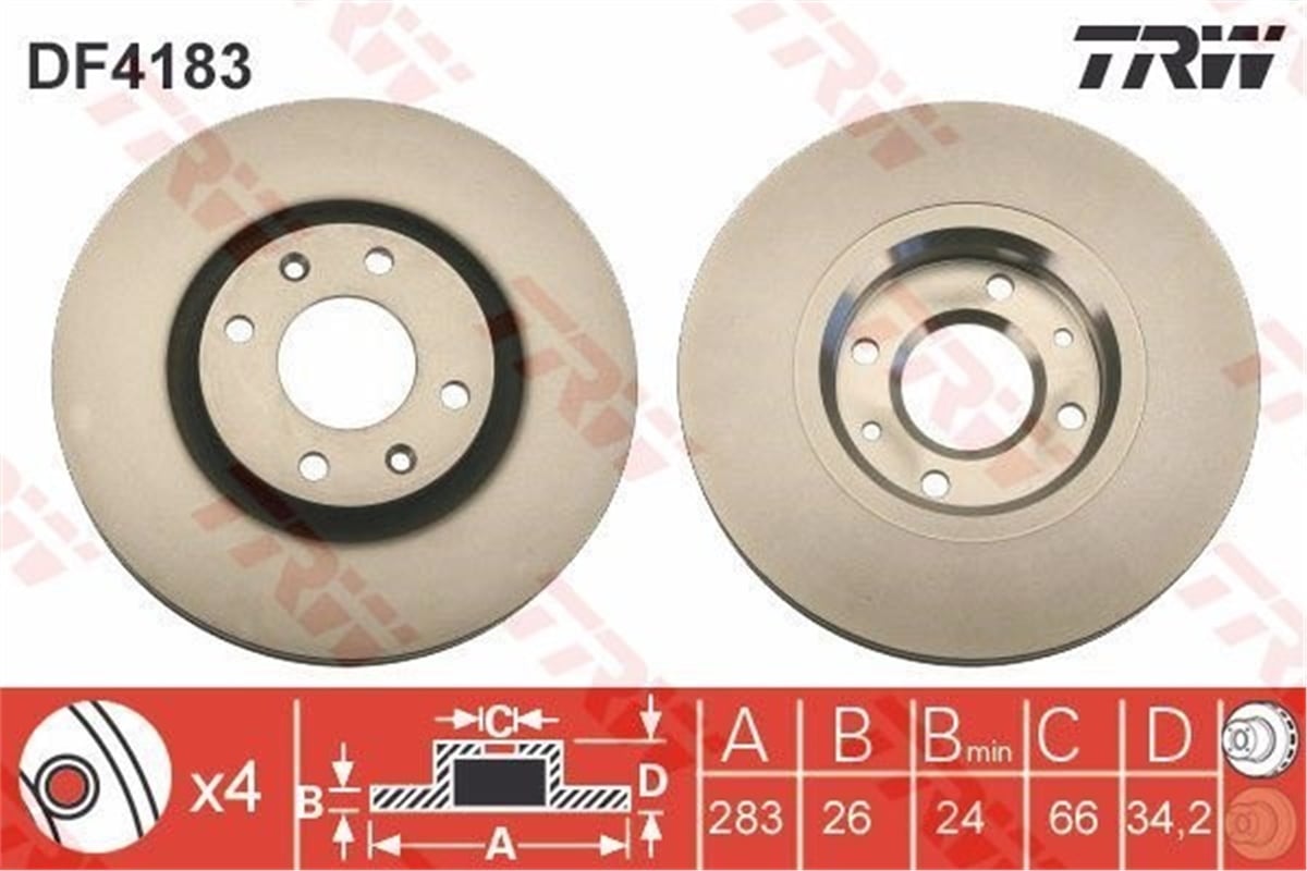 YEDEK PARÇAFREN DİSKİ ÖN TAKIM 424984 PSA C4 /C5 /C4PC/207/307/308/307CC 05-11 1.4-1.6 HDI TM TRW TRW DF4183TRWTRW DF4183