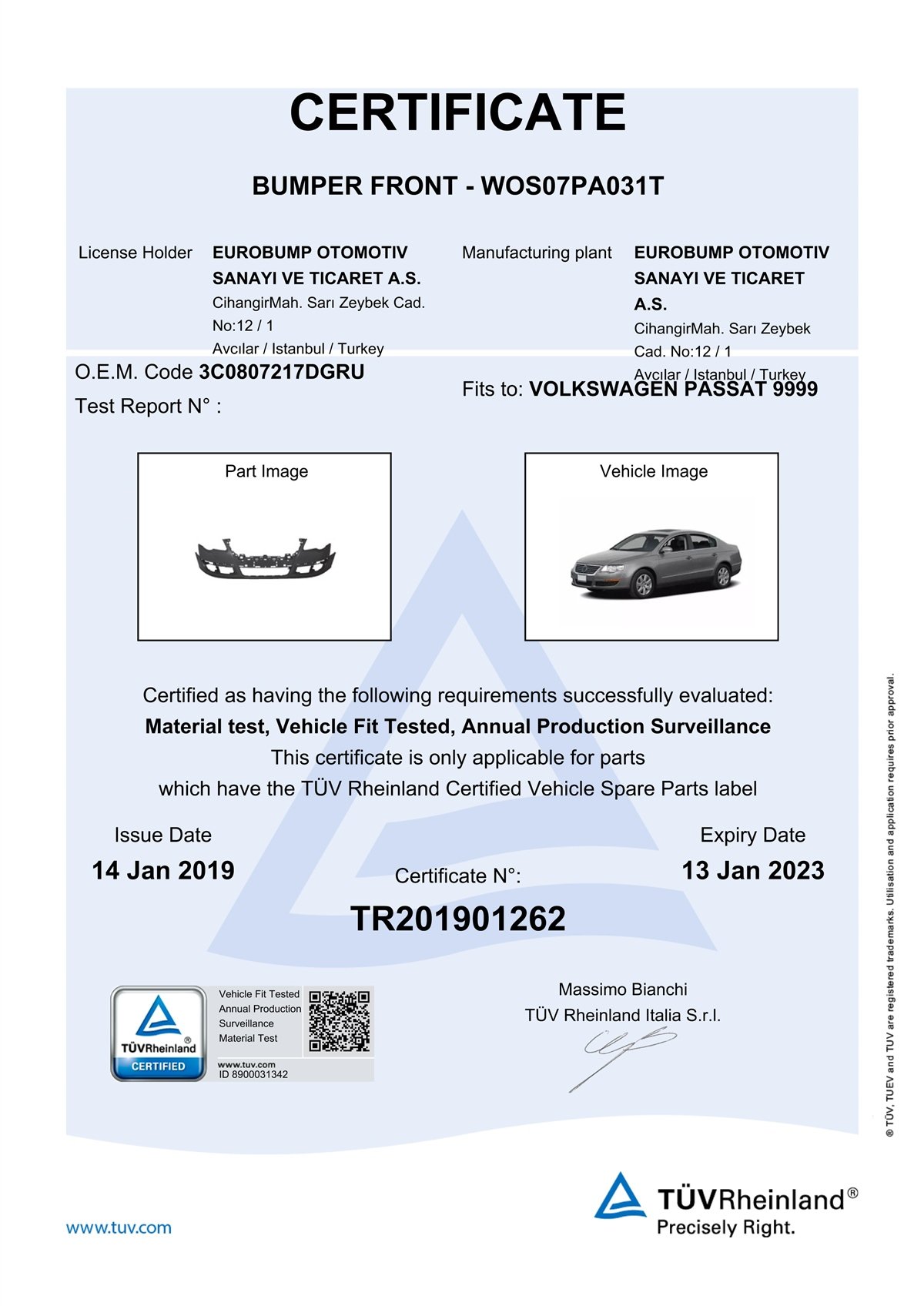YEDEK PARÇAÖN TAMPON/TÜV VOLKSWAGEN  PASSAT (2005-2008)PARCAWORLDWOS07PA031T