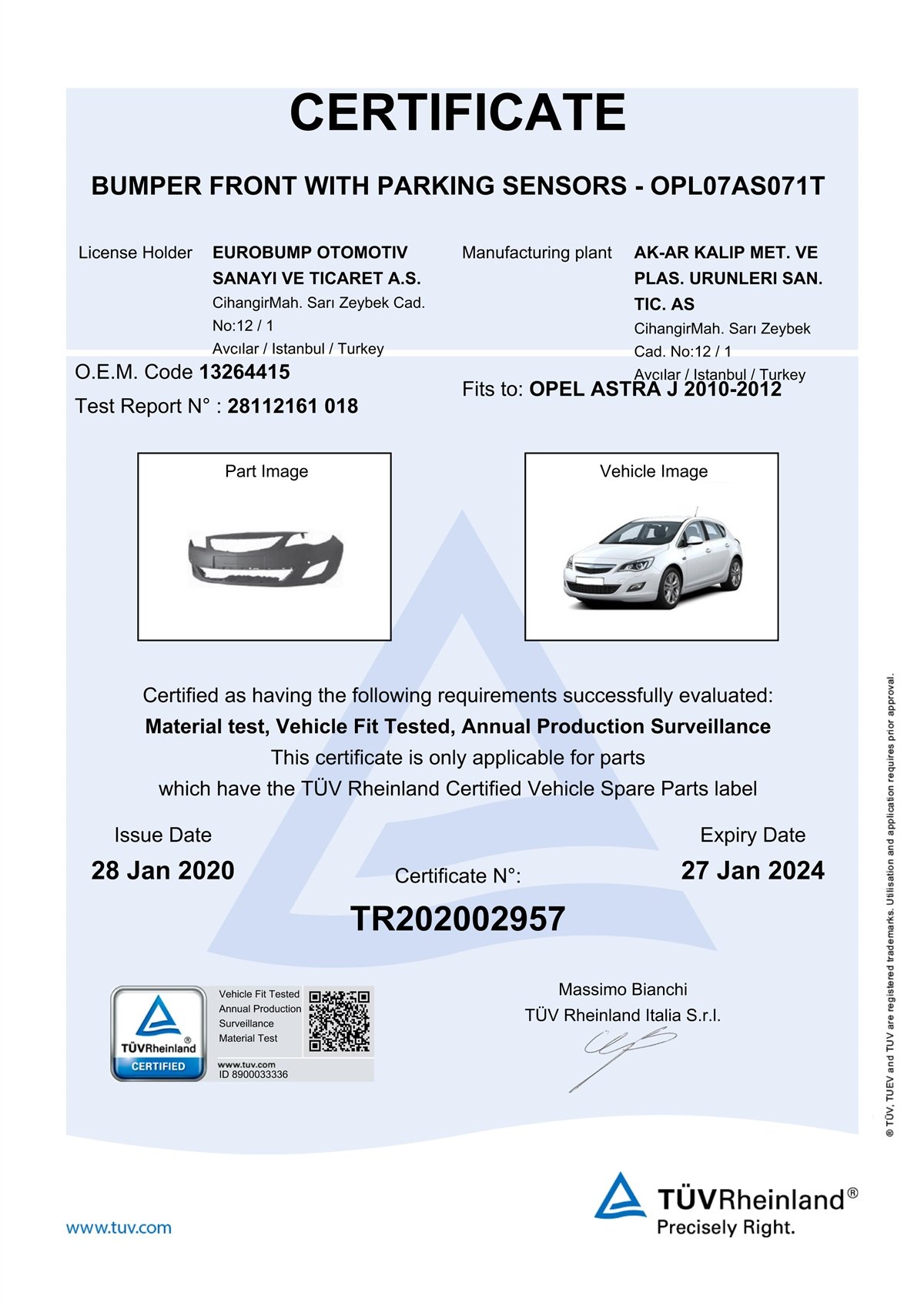 YEDEK PARÇAOPEL ASTRA J ÖN TAMPON SENSÖR DELİKLİ 10-12 / TÜV ORJİNAL REF. NO: 13264415 UYUMLU OPL07AS071TDEGAOPL07AS071T