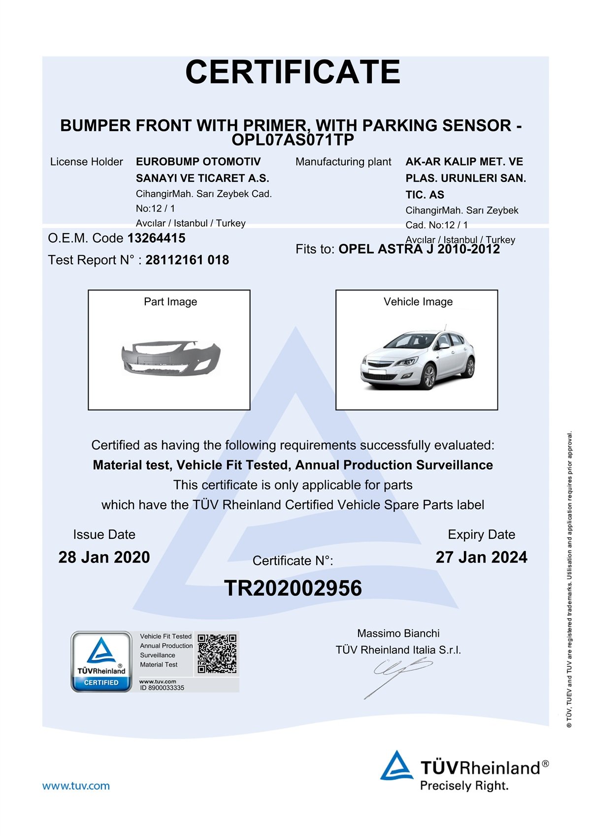 YEDEK PARÇAOPEL ASTRA J ÖN TAMPON SENSÖR DELİKLİ ASTARLI 10-12 / TÜV ORJİNAL REF. NO: 13264415 UYUMLU OPL07AS071TPDEGAOPL07AS071TP