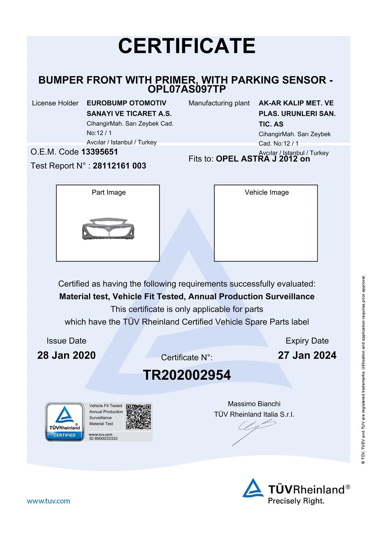 YEDEK PARÇAOPEL ASTRA J ÖN TAMPON SENSÖR DELİKLİ ASTARLI 12- / TÜV ORJİNAL REF. NO: 13395651 UYUMLU OPL07AS097TPDEGAOPL07AS097TP