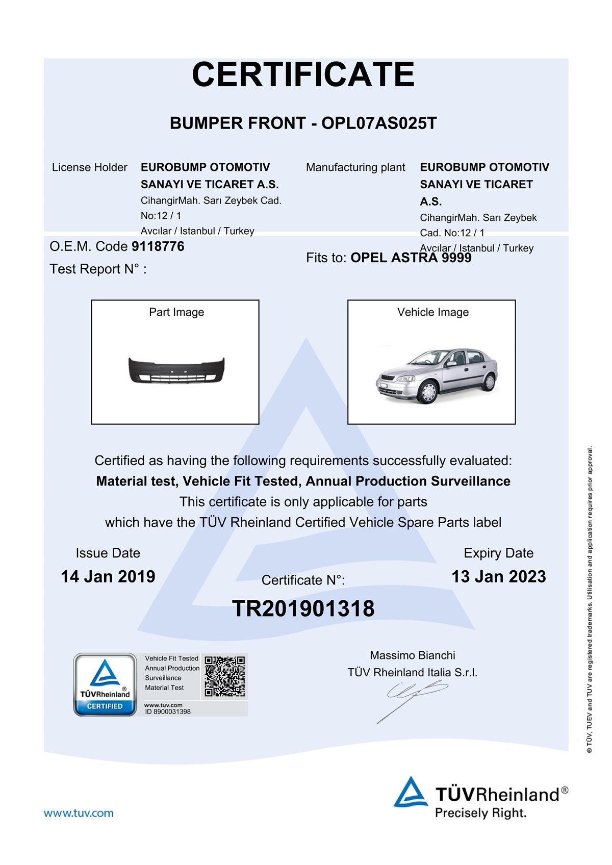 YEDEK PARÇAOPEL ASTRA ÖN TAMPON DELİKLİ DİZ.98-03 / TÜV ORJİNAL REF. NO: 9118776 UYUMLU OPL07AS025TDEGAOPL07AS025T