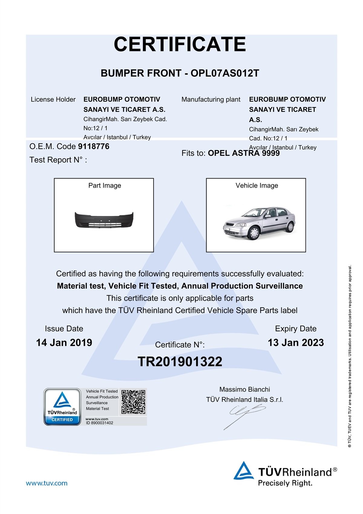 YEDEK PARÇAOPEL ASTRA ÖN TAMPON DİZEL 98-04 / TÜV ORJİNAL REF. NO: 9118776 UYUMLU OPL07AS012TDEGAOPL07AS012T