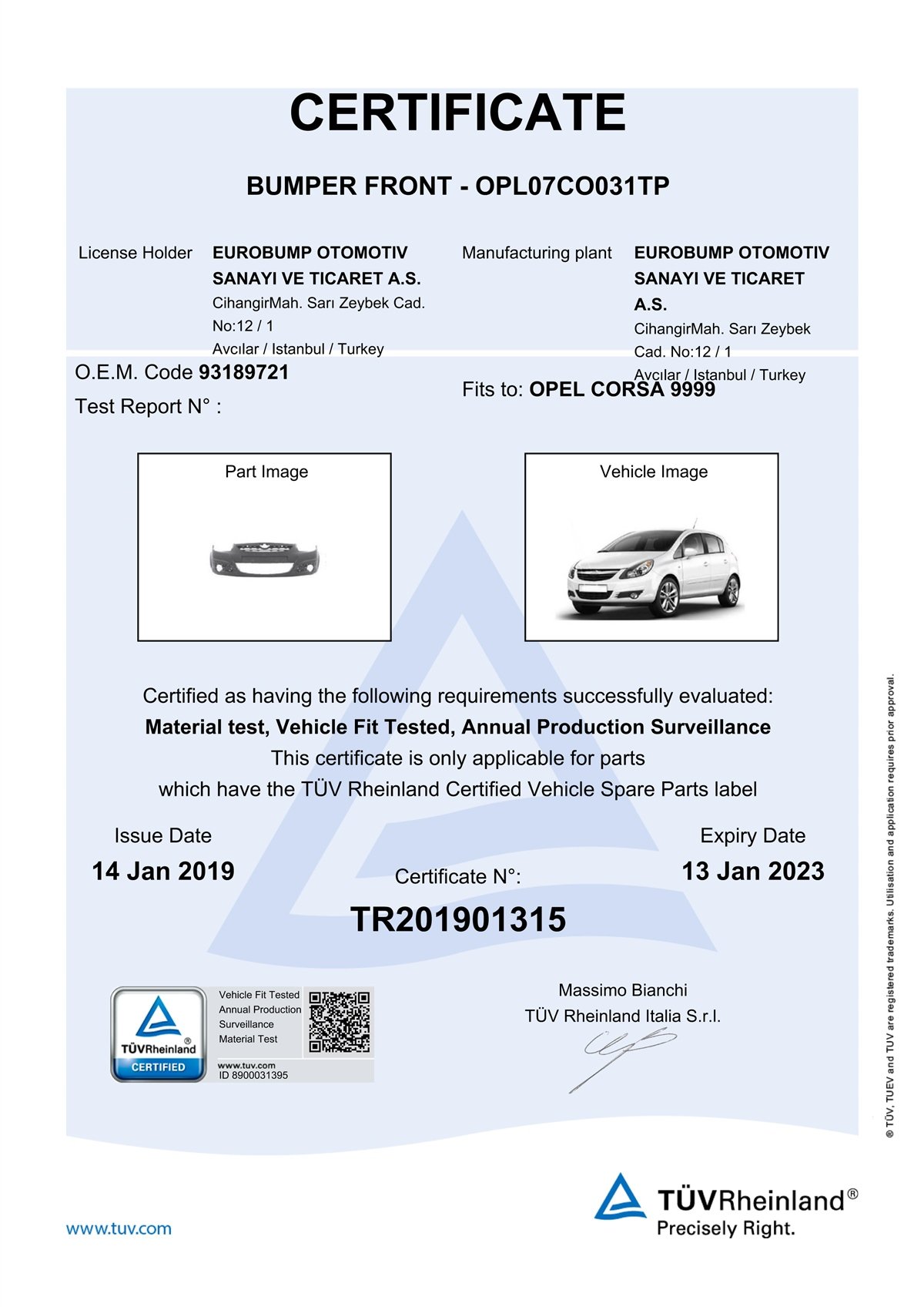 YEDEK PARÇAOPEL CORSA ÖN TAMPON ASTARLI 06- / TÜV ORJİNAL REF. NO: 93189721 UYUMLU OPL07CO031TPDEGAOPL07CO031TP