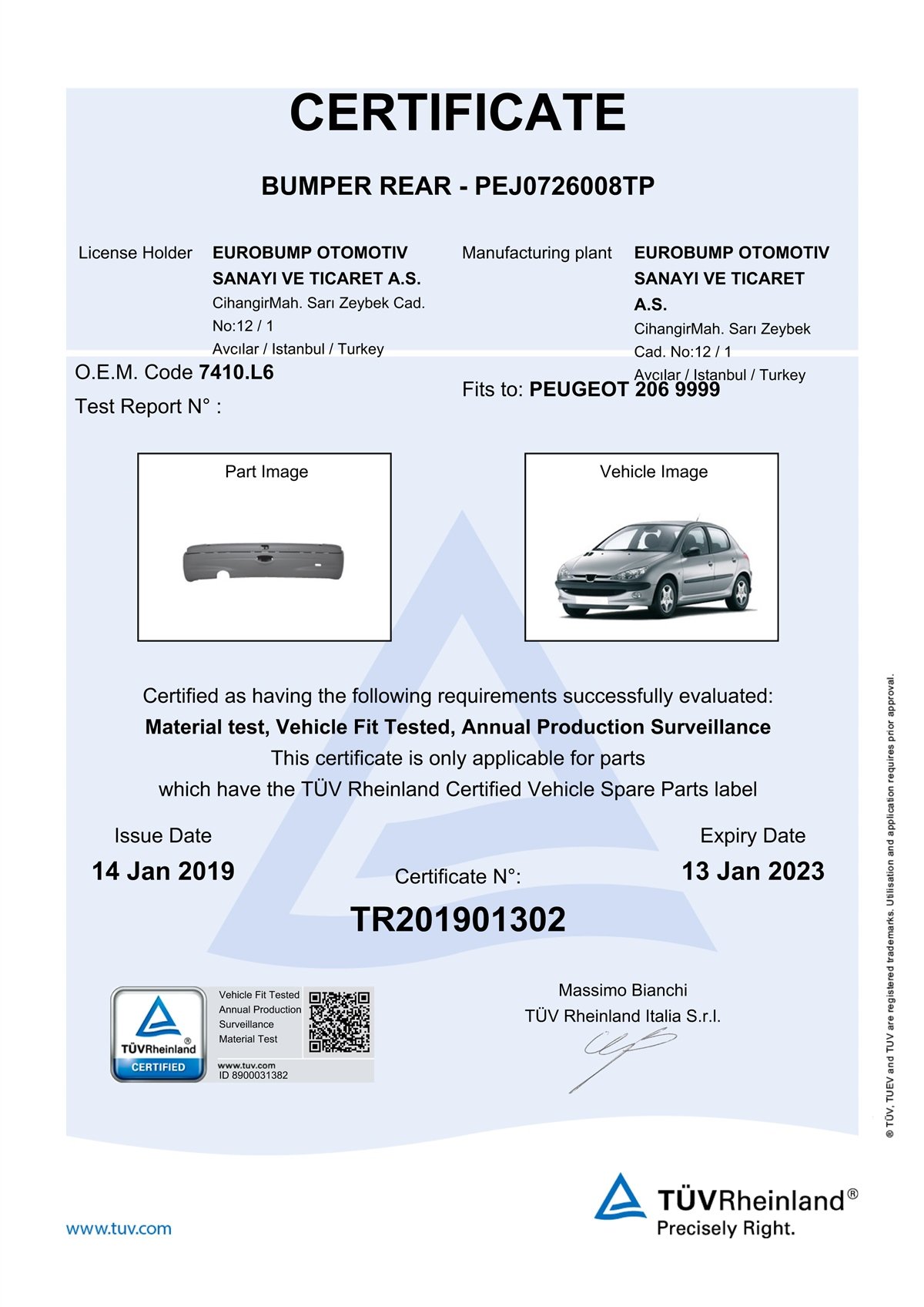YEDEK PARÇAPEUGEOT 206 ARKA TAMPON ASTARLI 98-06 / TÜV ORJİNAL REF. NO: 7410L5 UYUMLU PEJ0726008TPDEGAPEJ0726008TP