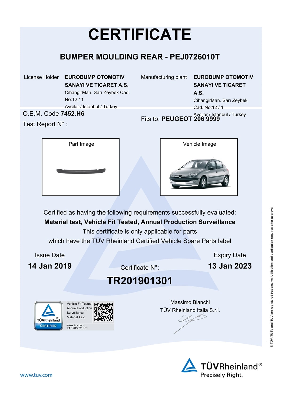 YEDEK PARÇAPEUGEOT 206 ARKA TAMPON KUŞAĞI 98-06 / TÜV ORJİNAL REF. NO: 7452H6 UYUMLU PEJ0726010TDEGAPEJ0726010T