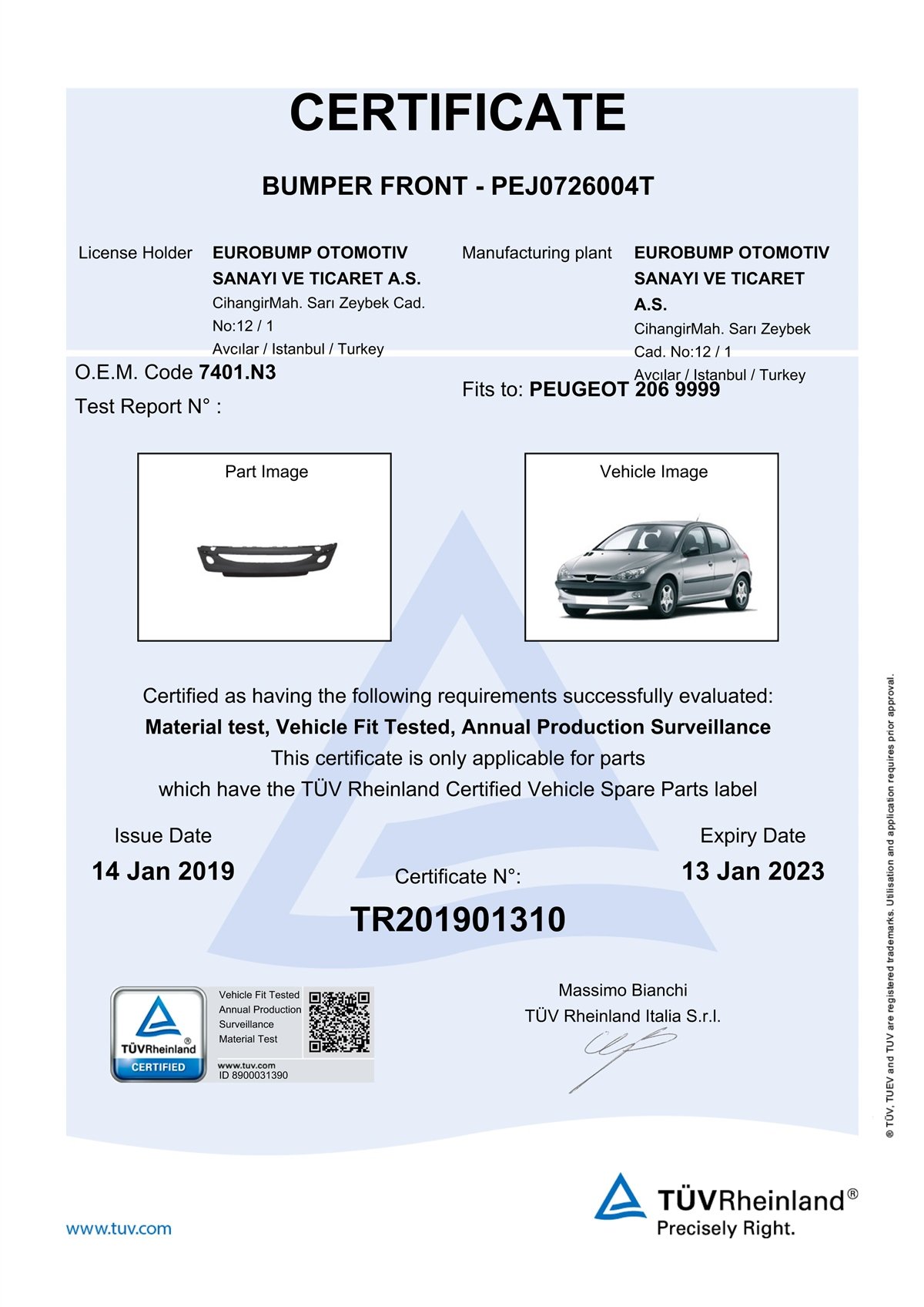 YEDEK PARÇAPEUGEOT 206 ÖN TAMPON SPOİLER.SİS DELİKLİ 98-06 / TÜV ORJİNAL REF. NO: 7401N3 UYUMLU PEJ0726004TDEGAPEJ0726004T