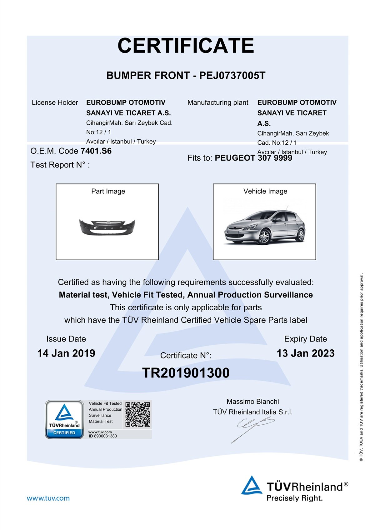 YEDEK PARÇAPEUGEOT 307 ÖN TAMPON 01-05 / TÜV ORJİNAL REF. NO: 7401S6 UYUMLU PEJ0737005TDEGAPEJ0737005T