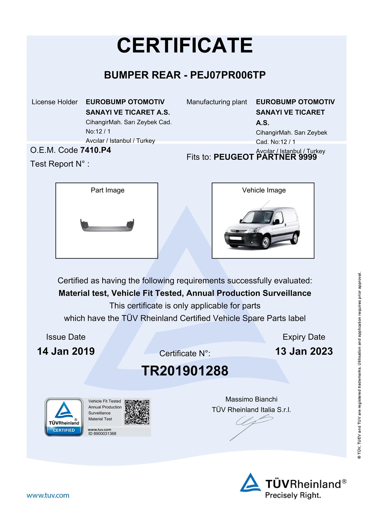 YEDEK PARÇAPEUGEOT PARTNER ARKA TAMPON YARIM ASTARLI 96-08 / TÜV ORJİNAL REF. NO: 7410P4 UYUMLU PEJ07PR006TPDEGAPEJ07PR006TP