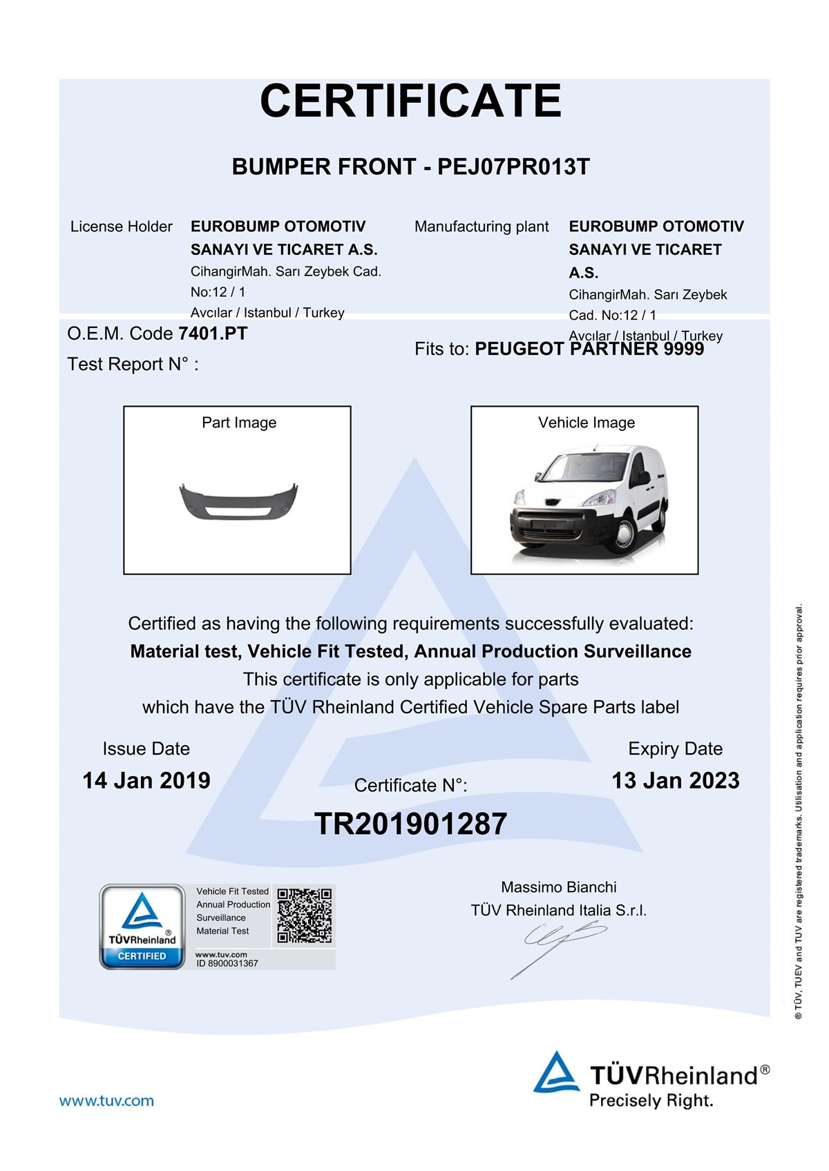 YEDEK PARÇAPEUGEOT PARTNER ÖN TAMPON 08- / TÜV ORJİNAL REF. NO: 7401.PT UYUMLU PEJ07PR013TDEGAPEJ07PR013T