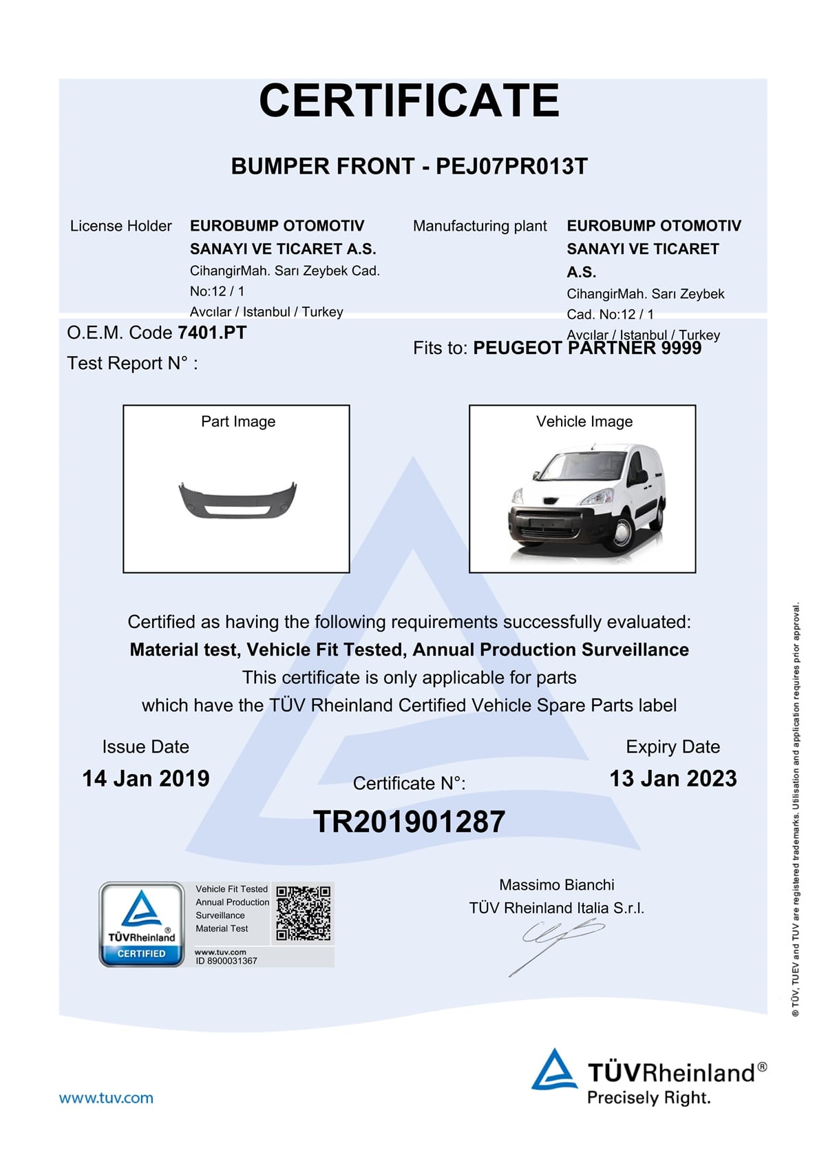 YEDEK PARÇAPEUGEOT PARTNER ÖN TAMPON 08-/TÜV 7401.PTDE-GAPEJ07PR013T