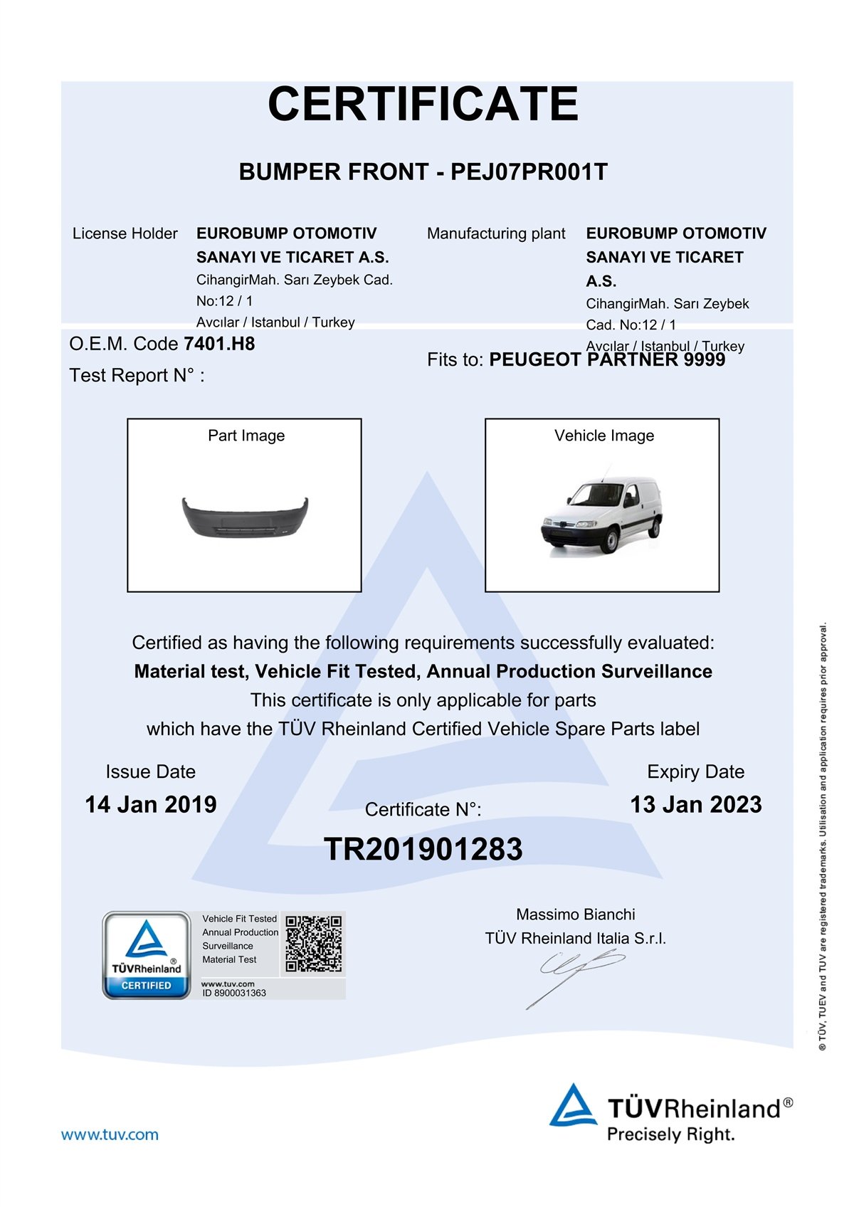 YEDEK PARÇAPEUGEOT PARTNER ÖN TAMPON 96-02 / TÜV ORJİNAL REF. NO: 7401H7 UYUMLU PEJ07PR001TDEGAPEJ07PR001T