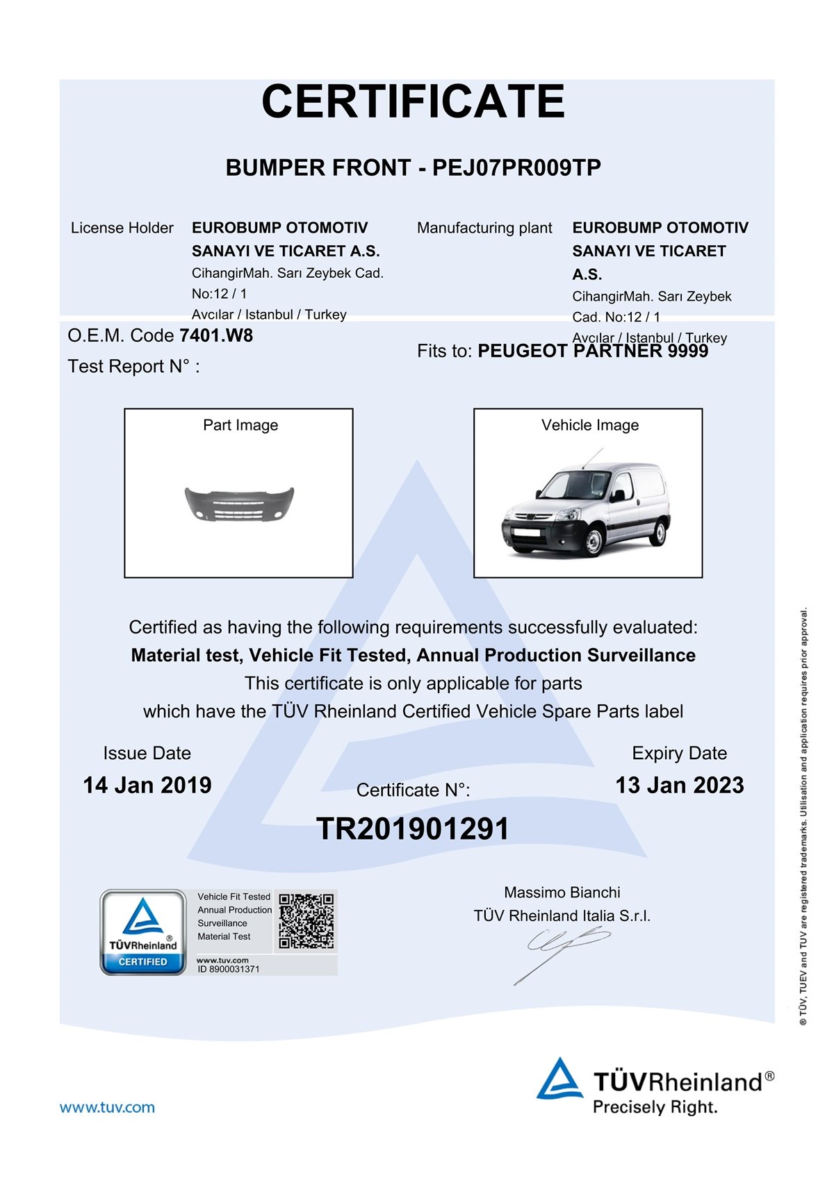 YEDEK PARÇAPEUGEOT PARTNER ÖN TAMPON DELIKLİ AST.02-08/TÜV 7401W8DE-GAPEJ07PR009TP