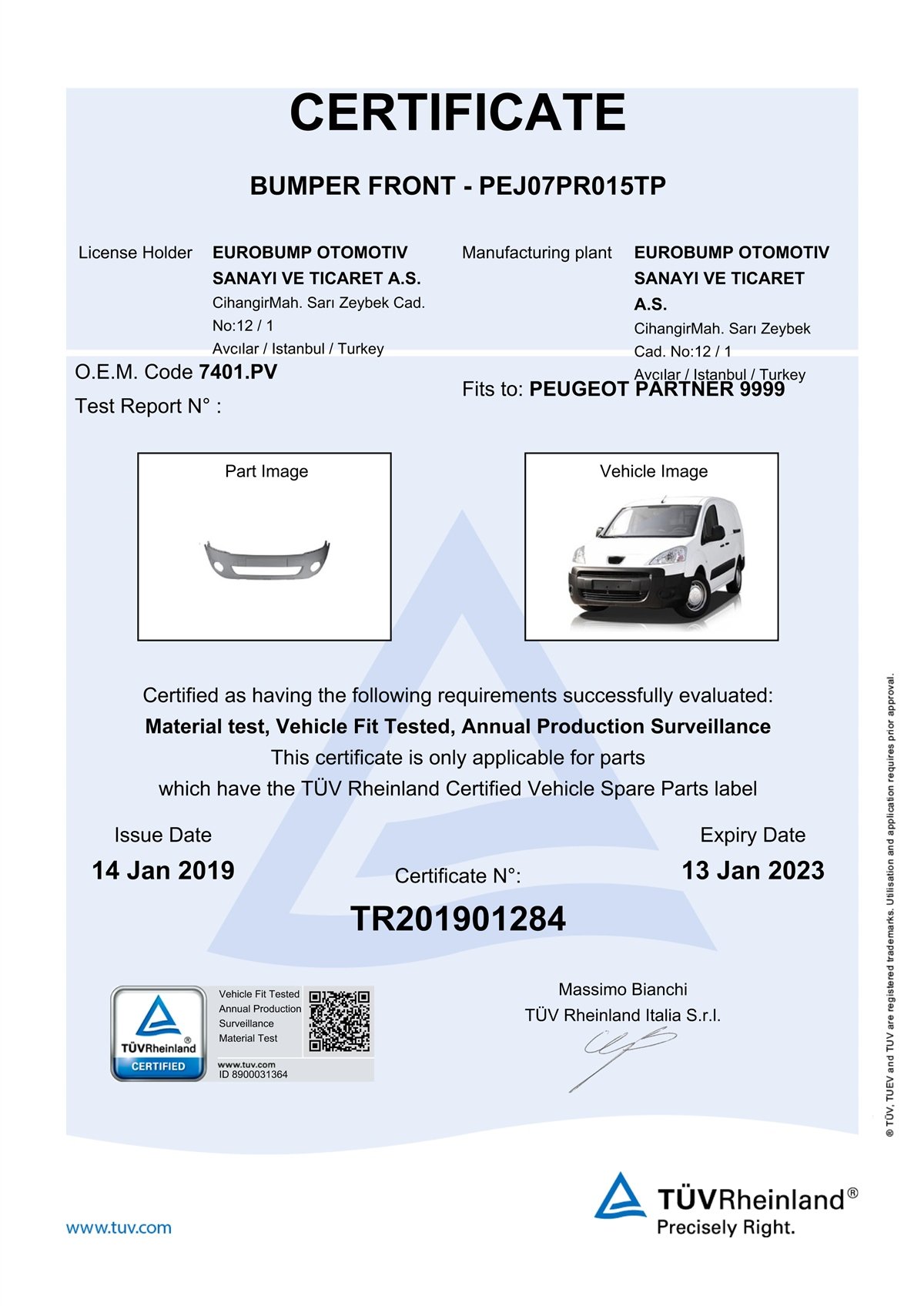 YEDEK PARÇAPEUGEOT PARTNER ÖN TAMPON DELİKLİ AST.08-/TÜV 7401.PVDE-GAPEJ07PR015TP