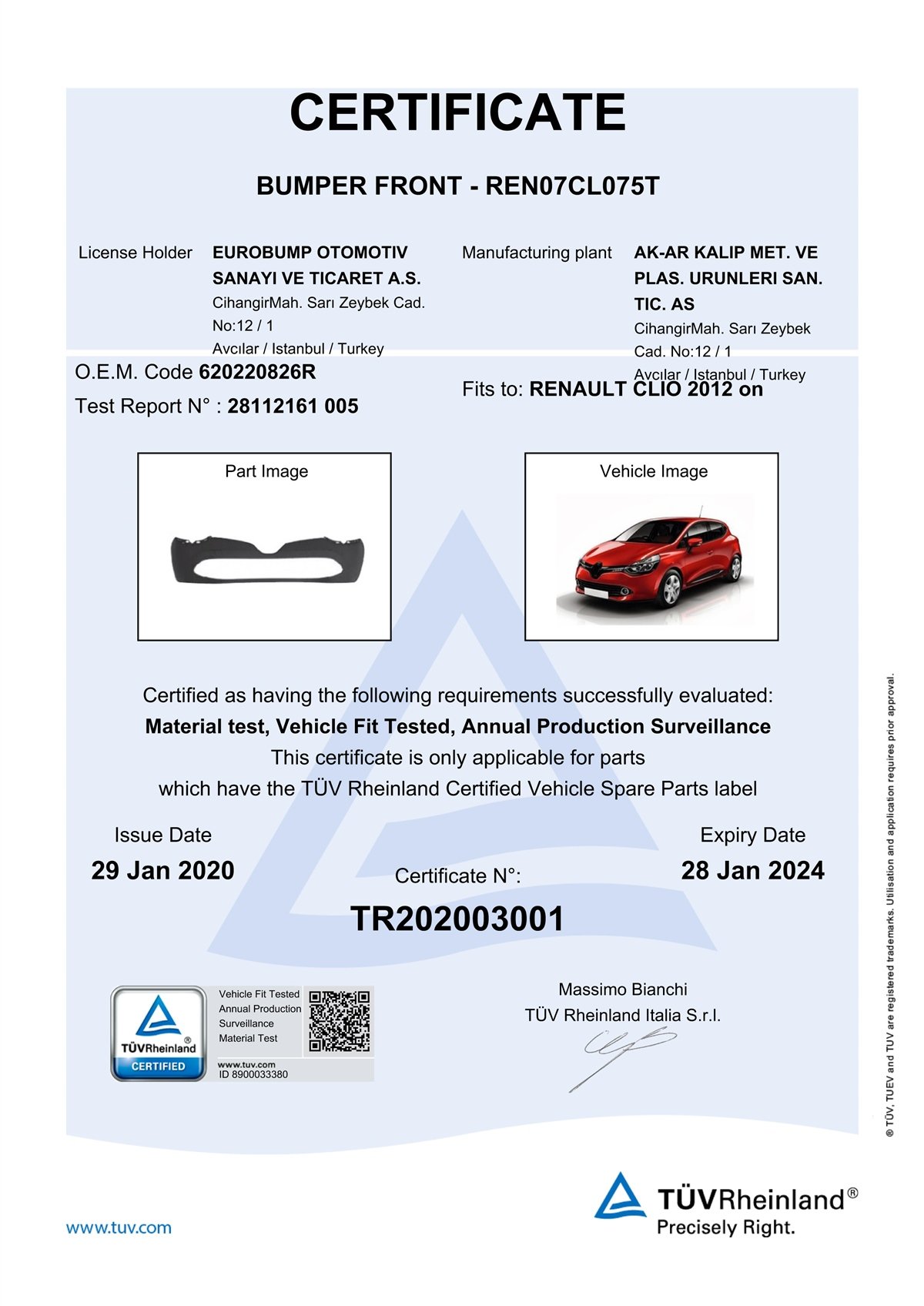 YEDEK PARÇARENAULT CLIO ÖN TAMPON HB.12-16/TÜV 620220826RDE-GAREN07CL075T