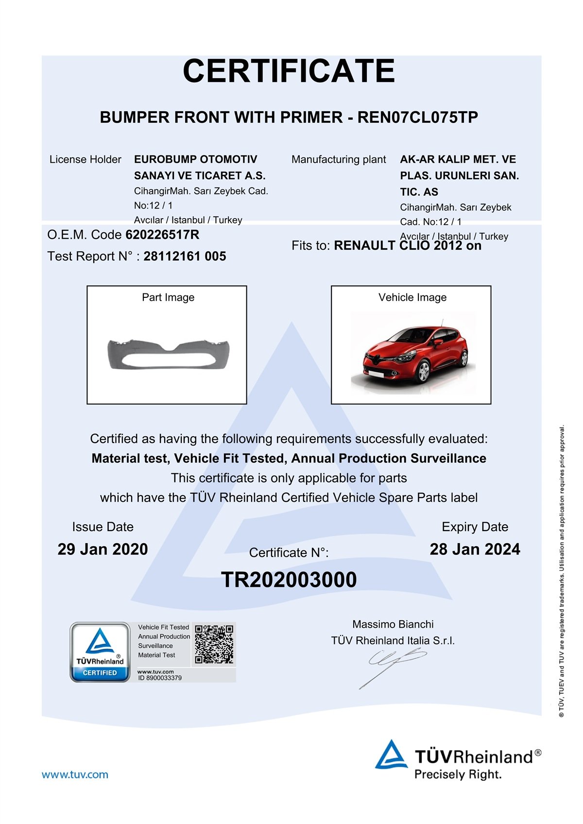 YEDEK PARÇARENAULT CLIO ÖN TAMPON HB.AST.12-16/TÜV 620220826RDE-GAREN07CL075TP
