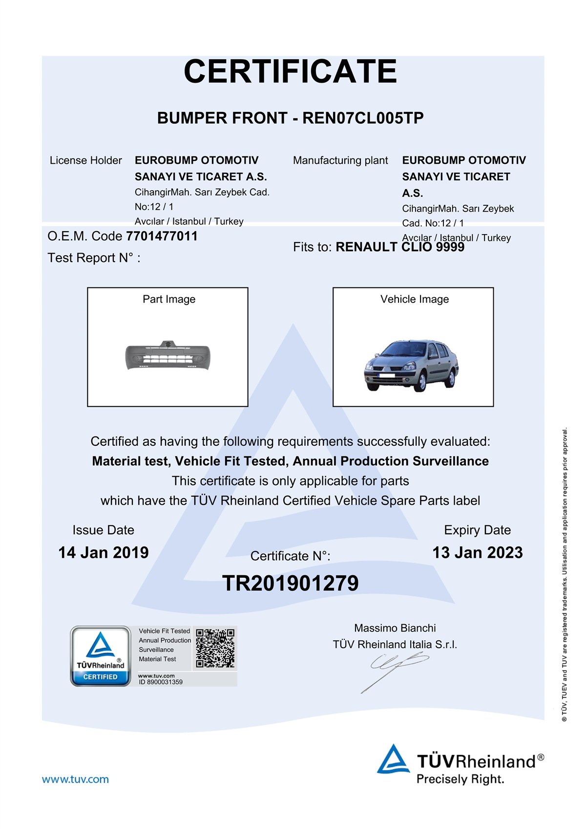 YEDEK PARÇARENAULT CLIO ÖN TAMPON KOMPLE AST.01-05/TÜV 7701477011DE-GAREN07CL005TP