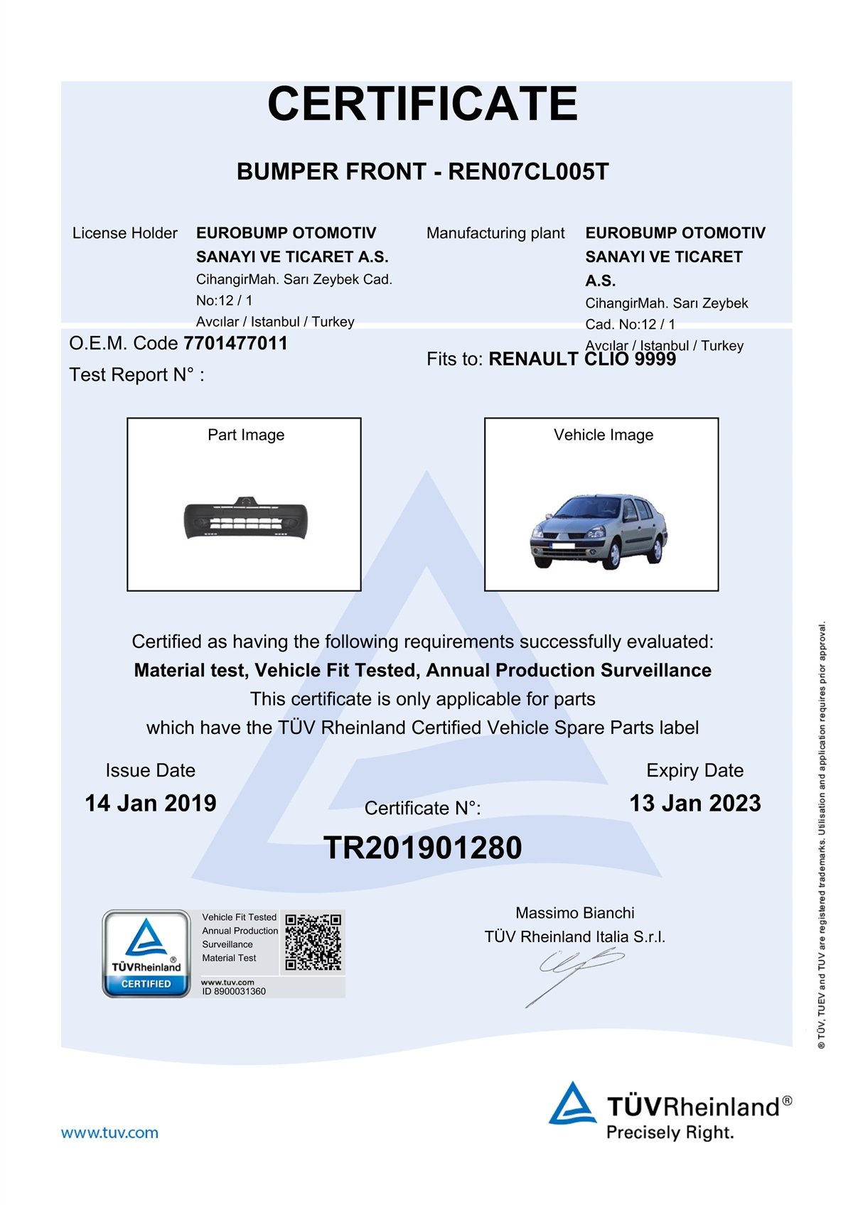 YEDEK PARÇARENAULT CLIO ÖN TAMPON KOMPLE SİY.01-05/TÜV 7701477011DE-GAREN07CL005T