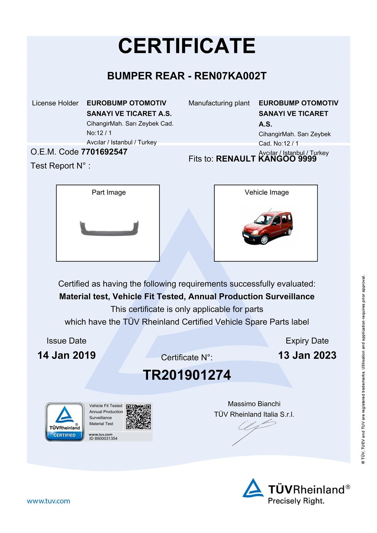YEDEK PARÇARENAULT KANGOO ARKA TAMPON 98-03 / TÜV ORJİNAL REF. NO: 7701692547 UYUMLU REN07KA002TDEGAREN07KA002T