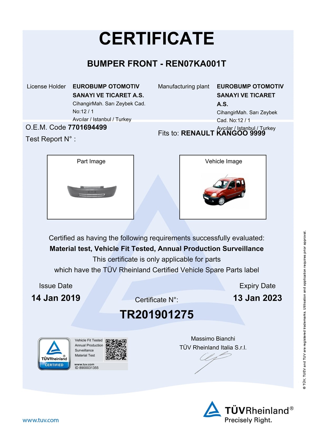 YEDEK PARÇARENAULT KANGOO ÖN TAMPON 98-03 / TÜV ORJİNAL REF. NO: 7701694499 UYUMLU REN07KA001TDEGAREN07KA001T