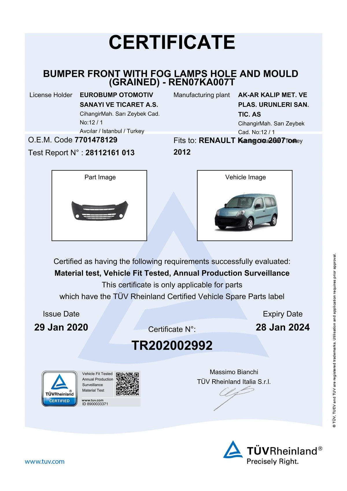 YEDEK PARÇARENAULT KANGOO ÖN TAMPON KUŞAKLI DELİKLİ (DESENLİ) 07- / TÜV ORJİNAL REF. NO: 7701478129 UYUMLU REN07KA007TDEGAREN07KA007T