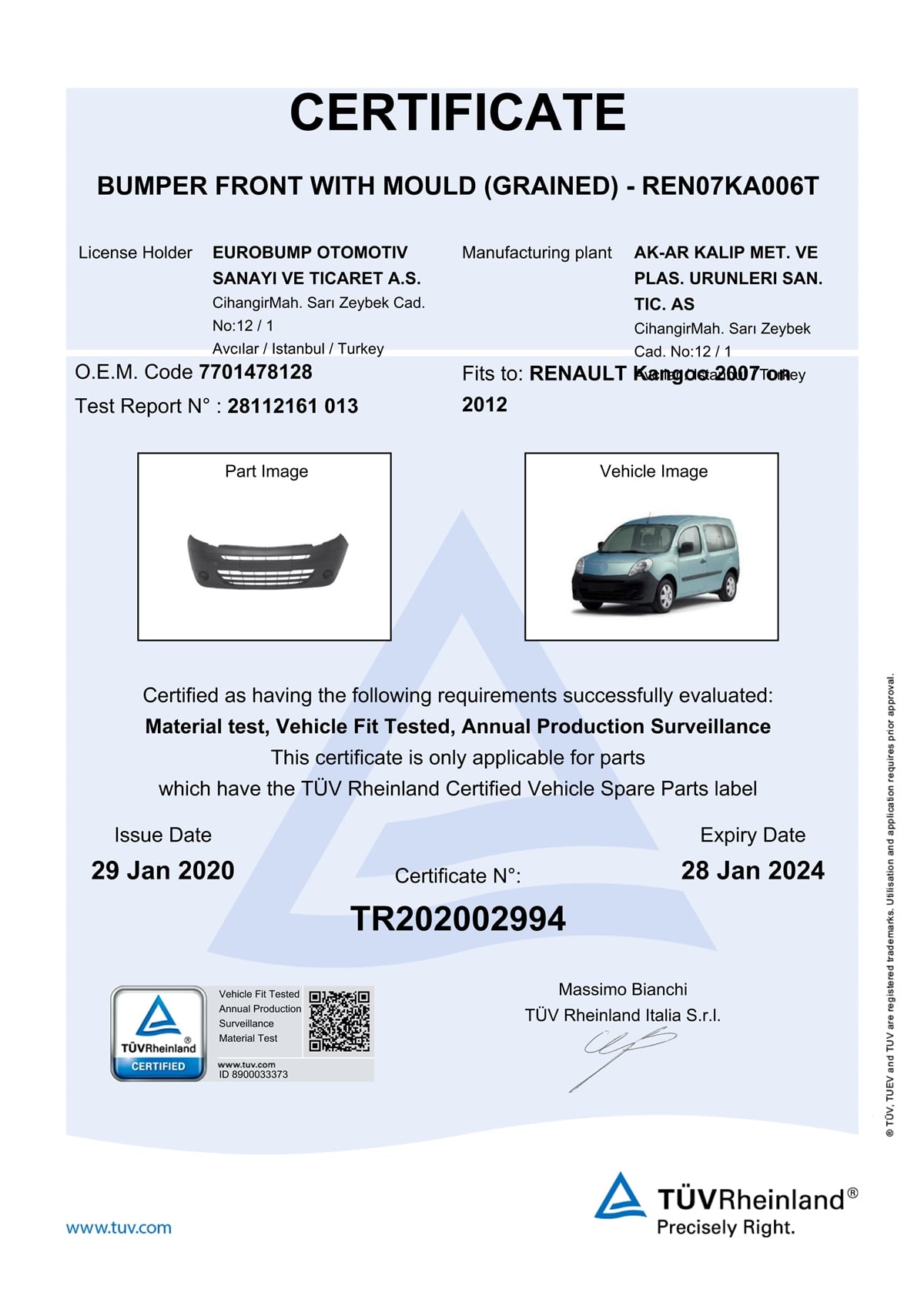YEDEK PARÇARENAULT KANGOO ÖN TAMPON KUŞAKLI (DESENLİ) 07- / TÜV ORJİNAL REF. NO: 7701478128 UYUMLU REN07KA006TDEGAREN07KA006T